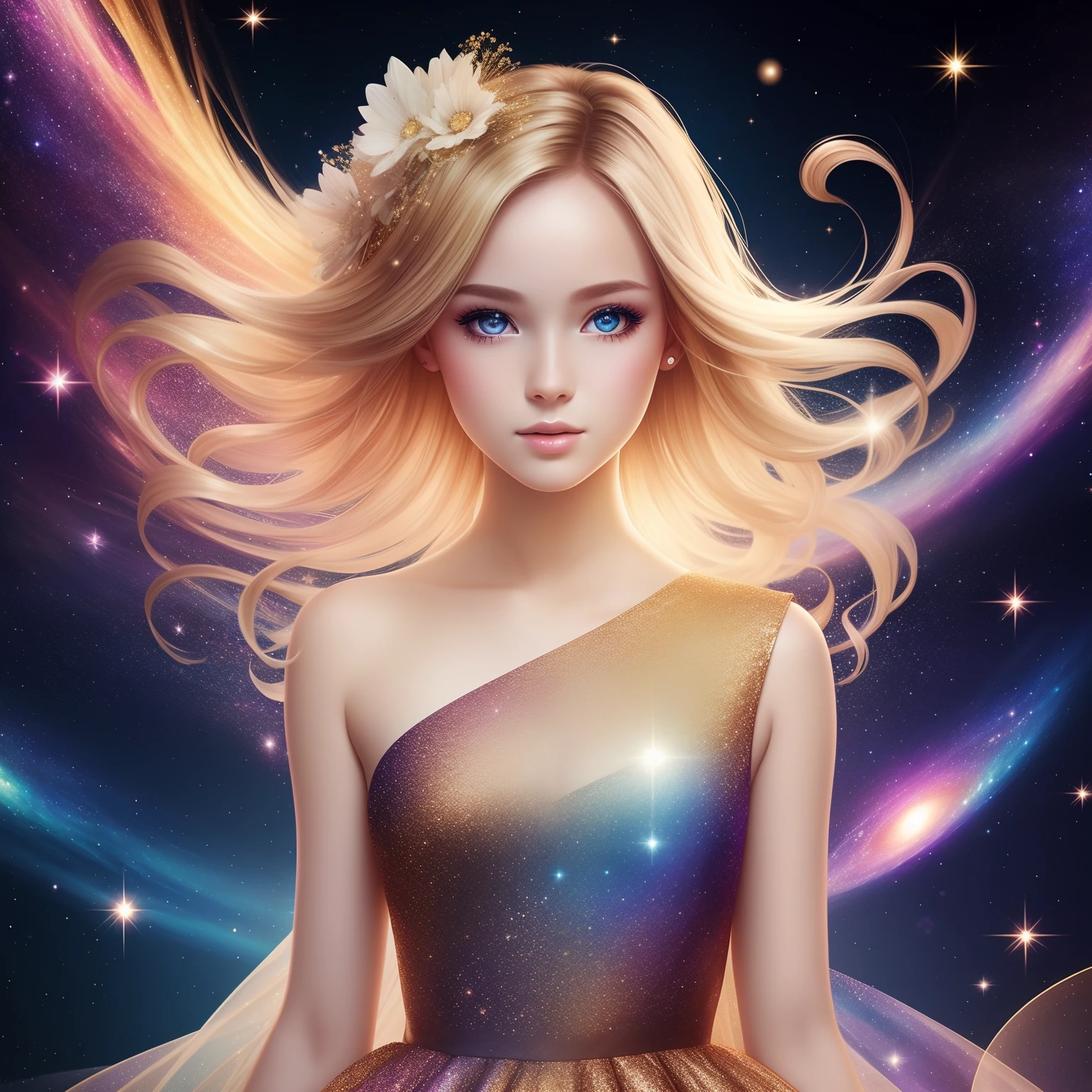 (best quality, masterpiece), 1girl, galaxy, glitter, dress, particle, wind, flower, upper body, dark simple background, looking at viewer, blonde,