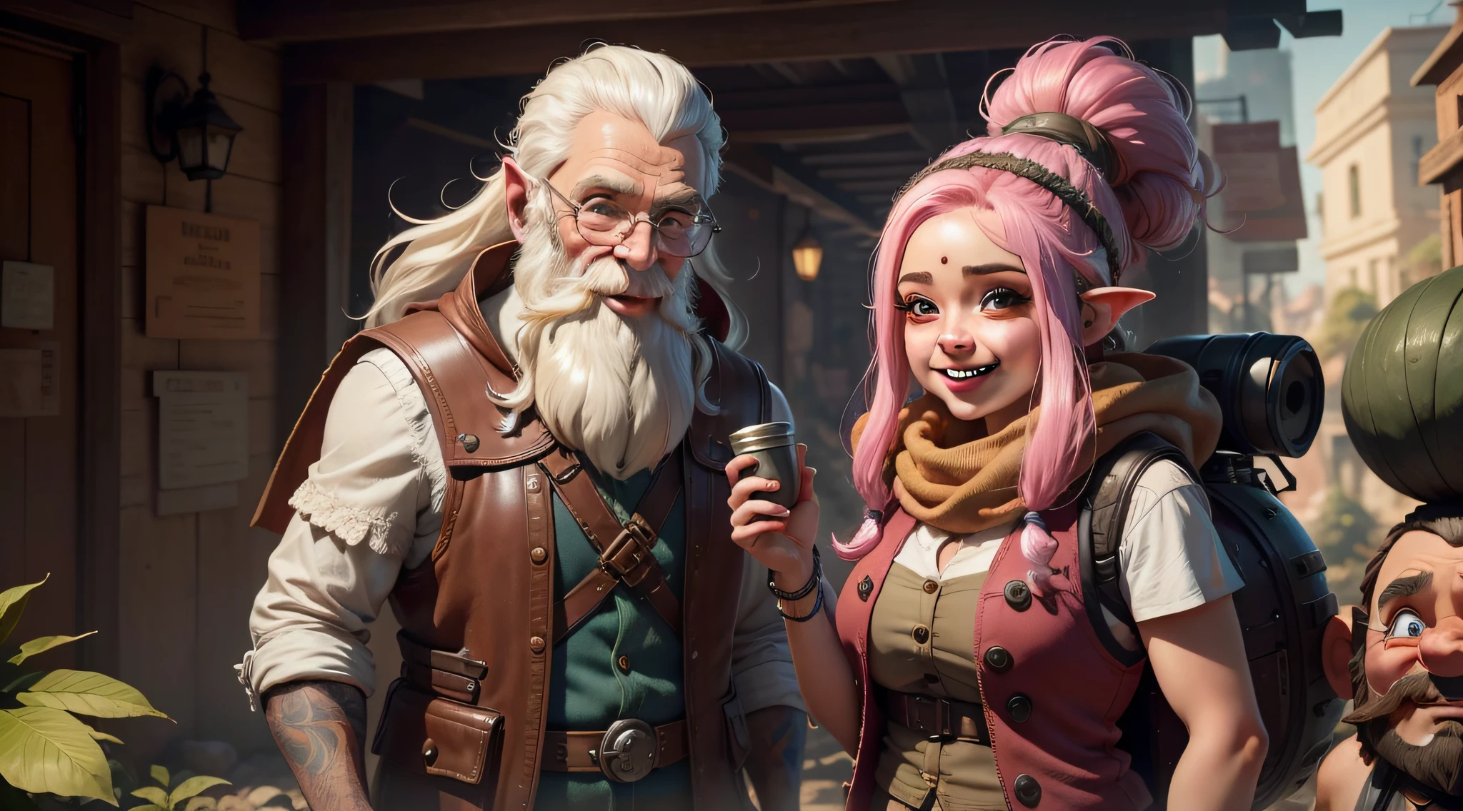 bonita sorrindo com cabelos lisos e rosa, Talking to a funny old gnome with a long beard and a vest made of leaves. Estilo cyberpunk, Estilo Disney, alta qualidade, 4k
