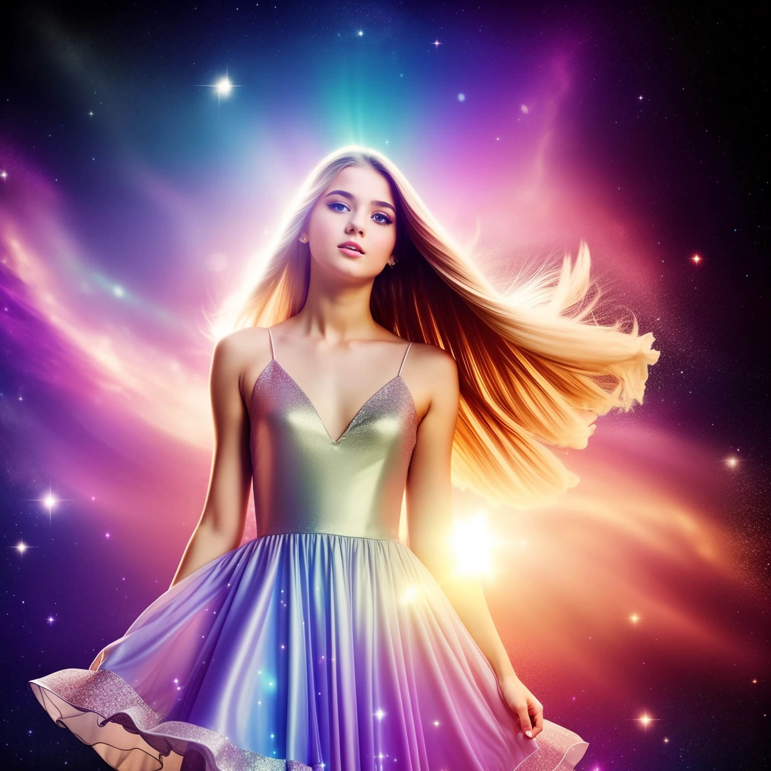 (best quality, masterpiece), 1girl, galaxy, glitter, dress, particle, wind, flower, upper body, dark simple background, looking at viewer, blonde,