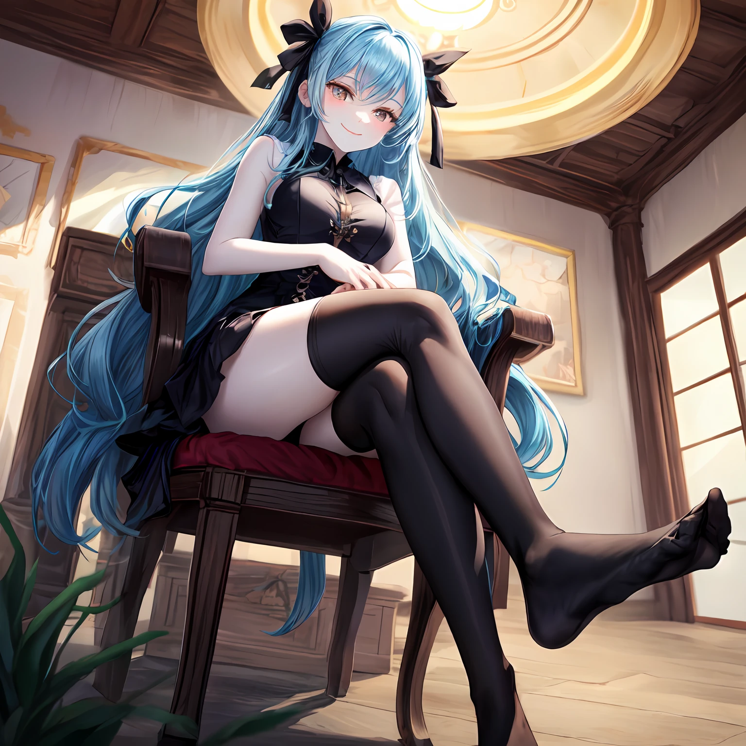 from below, (black thighhighs), showing foot to viewer, (foot focus), (presenting foot), looking at viewer, from below, (((hand on own thigh))), eyelashes, (pale skin:1.4), anime style, masterpiece, 8k, sharp details, 1girl, solo, light blue hair, full body black dress with skirt, mature female, medium breasts, black side twin hair ribbon, brown eyes, long hair, sleeveless, closed mouth, crossed legs, smile, sitting