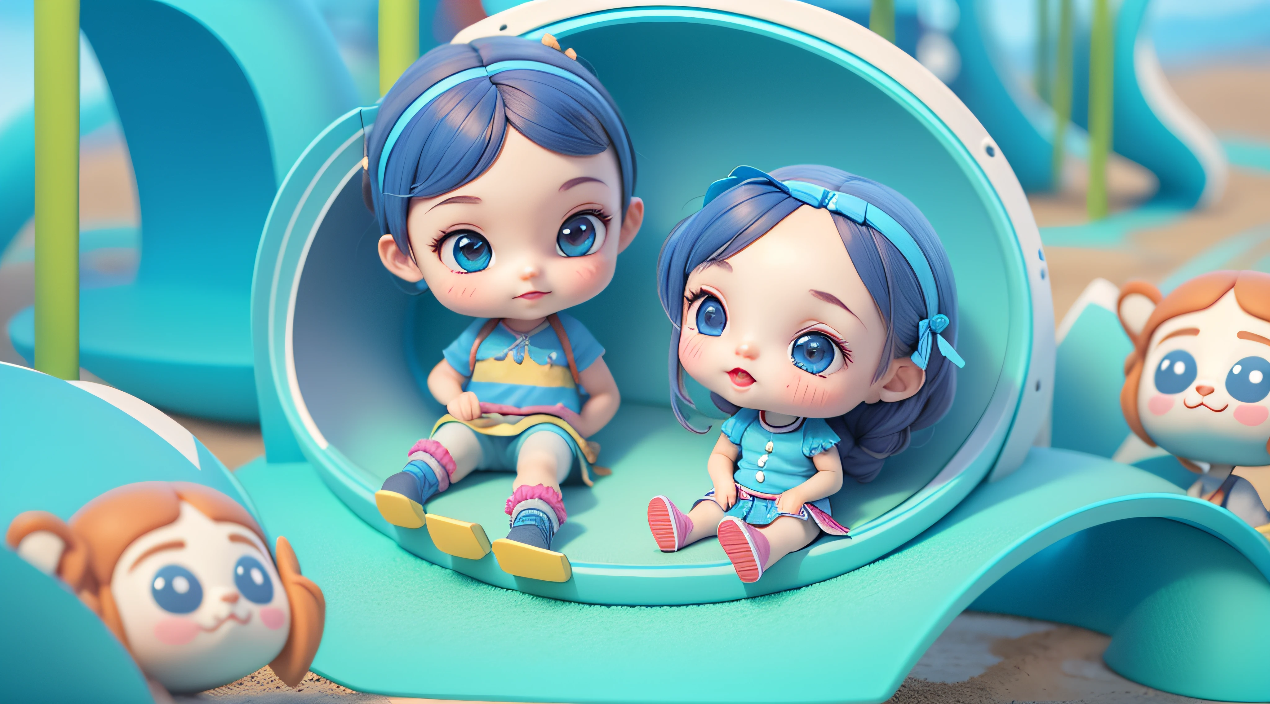highly detailed 3D render cute kids in a cute blue playground, kids cartoon style, high detailed textures, soft smooth textures, blue color gradient in background.