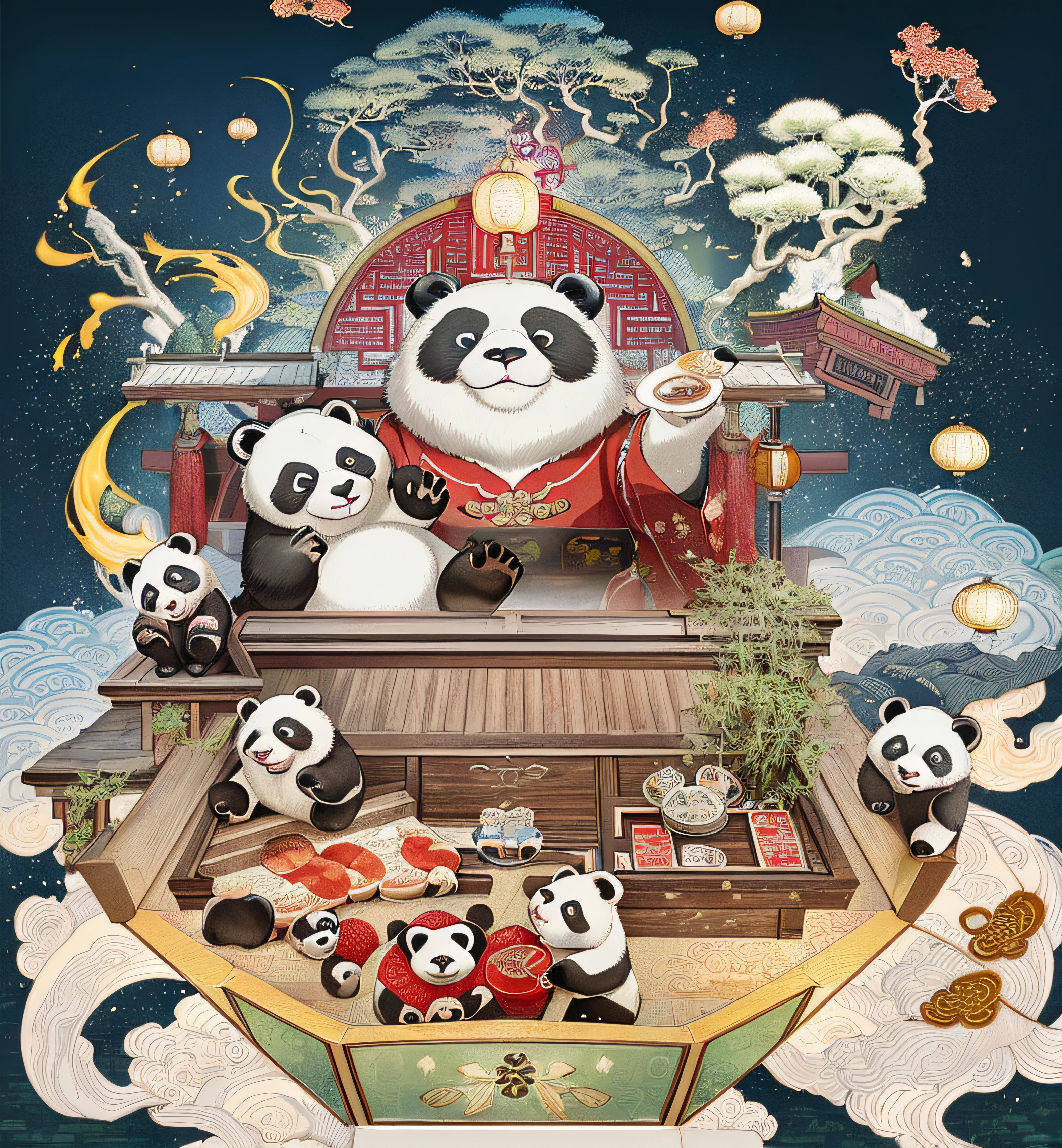 The Allafard Panda has a hot pot on board,, hentail realism, Giant pandas on promotional posters, Giant panda holding mahjong in hand, Official artwork, high detailed official artwork, Traditional Chinese concept art,  Chinese-style illustration, dreamland of chinese, A beautiful artwork illustration, Illustrator, fine art style,  3D Ultra-verbose