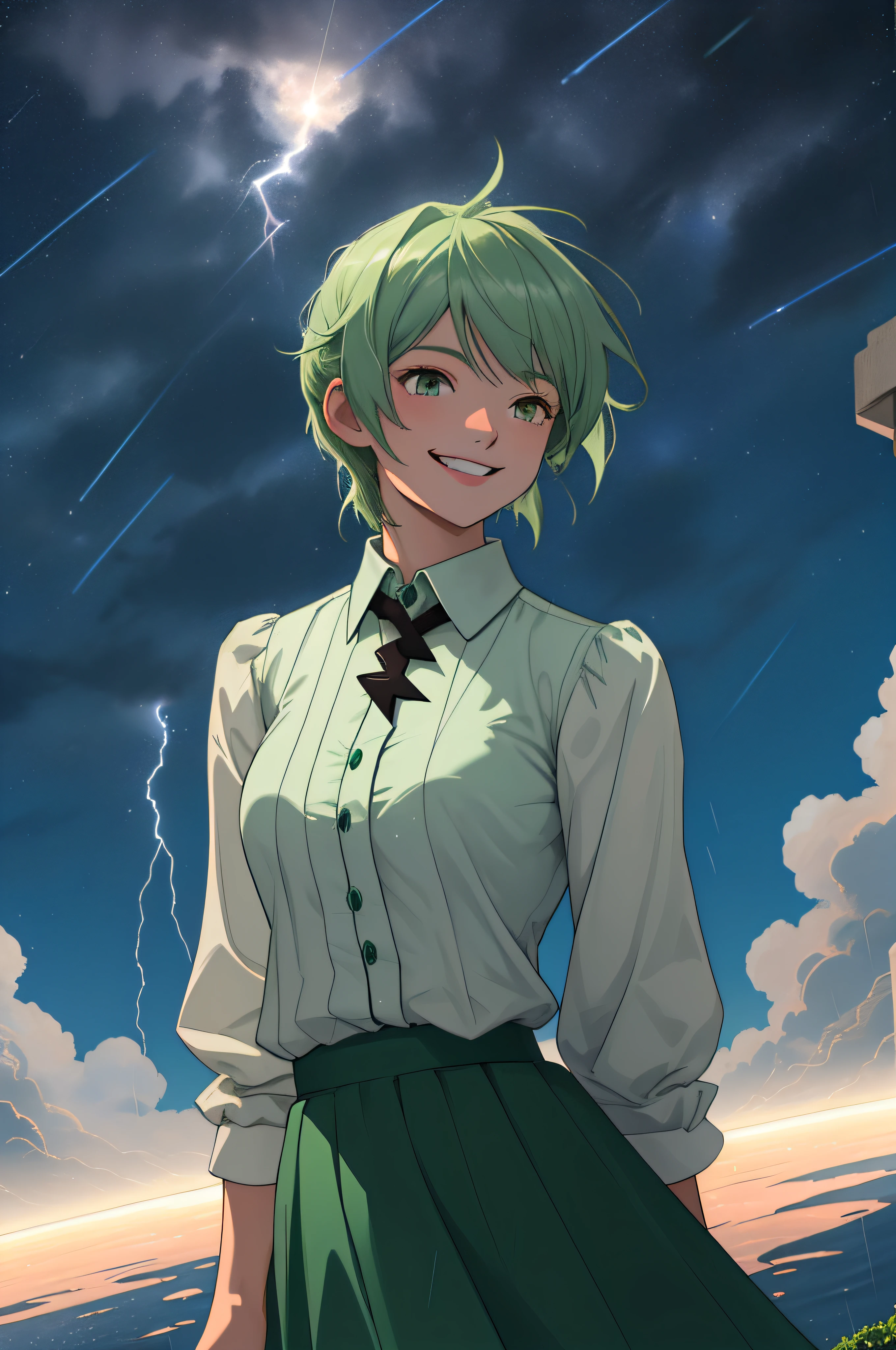 Superhero, well-rendered face, flying through the sky, smiling, meteor, blue clouds, lightning, rain, sunlight, dark green clothing, lined body, blue clouds, meteor shower, stars, moon ,