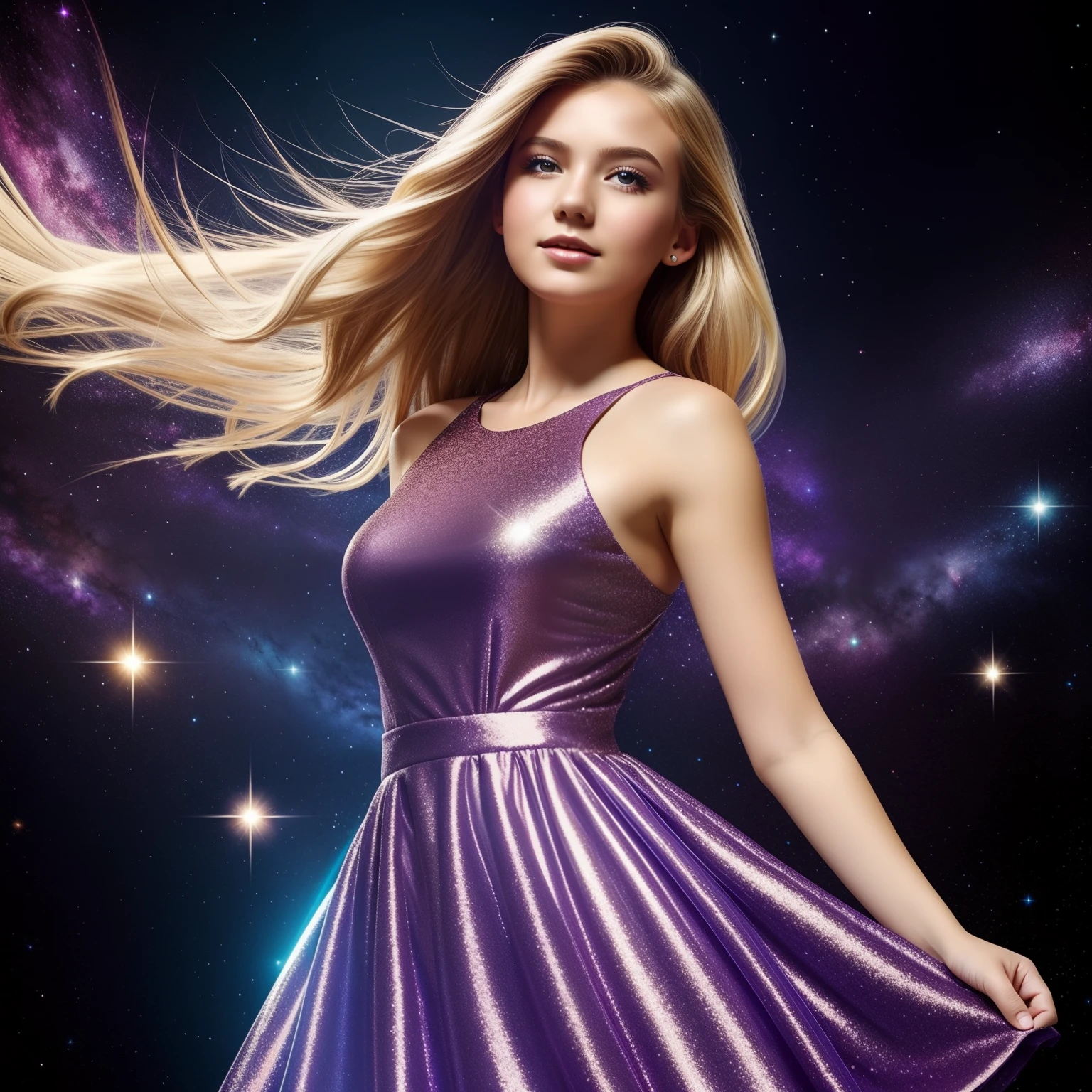 (best quality, masterpiece), 1girl, galaxy, glitter, dress, particle, wind, flower, upper body, dark simple background, looking at viewer, blonde,