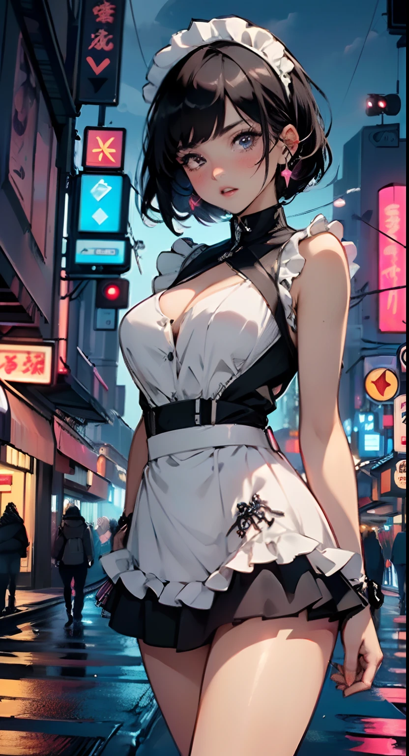 maid girl,(((1girl))),((anime maid girl with extremely cute and beautiful black hair walking seductively down the street)),
(large breasts:1.4),bountiful breasts,fluffy breasts,H cup bust,bust up,bulging bust top,(((black bob hair:1.35,colored inner hair,short hair,ear breathing))),((heterochromia,eye1 blue,eye2 purple,perfect eyes,upturned eyes:1.3,beautiful detailed eyes,finely detailed beautiful eyes:1,big highlight on eyes:1.2,slanted eyes)),((fat)),(((lustrous skin:1.5,bright skin: 1.5,skin tanned,shiny skin,very shiny skin,shiny body,plastic glitter skin,exaggerated shiny skin))),(spider lower abdomen,narrow waist,wide hip,athletic body,inflated legs,delicate detailed fingers,detailed body,detailed arms,human hands,(detailed face)),
cute,slutty,seductive,erotic,(((nsfw))),
zettai ryouiki,(maid headdress),maid uniform,Headdress,(maid),sleeveless,mini skirt,boots,cleavage cutout,bare legs,clothes with a lot of lace frills,(detailed outfit,detailed clothes),
(dynamic pose:1.0),solo focus,embarrassed,blush,sweat,((tears,open mouth)),moist eyes,centered,scale to fit dimensions,Rule of thirds,
outdoors,((night view)),(very pretty city neon synthwave,cyberpunk night street Background:1.5,dark sky,thick clouds),future vehicles,((neon lights)),thick clouds,(cyberpunk style,neon lights, (synthwave theme background), lonely street),(((detailed background:1.25))),
(best quality),(high resolution),(sharp focus),(ultra detailed),(extremely detailed),(extremely high quality artwork),8k_wallpaper,(extremely detailed CG 8k),(very fine 8K CG),((hyper super ultra detailed perfect piece)),flawless,(((masterpiece))),illustration,vibrant colors,(intricate),High contrast,Selective lighting,Double exposure,HDR (High Dynamic Range),Post-processing,Background blur,