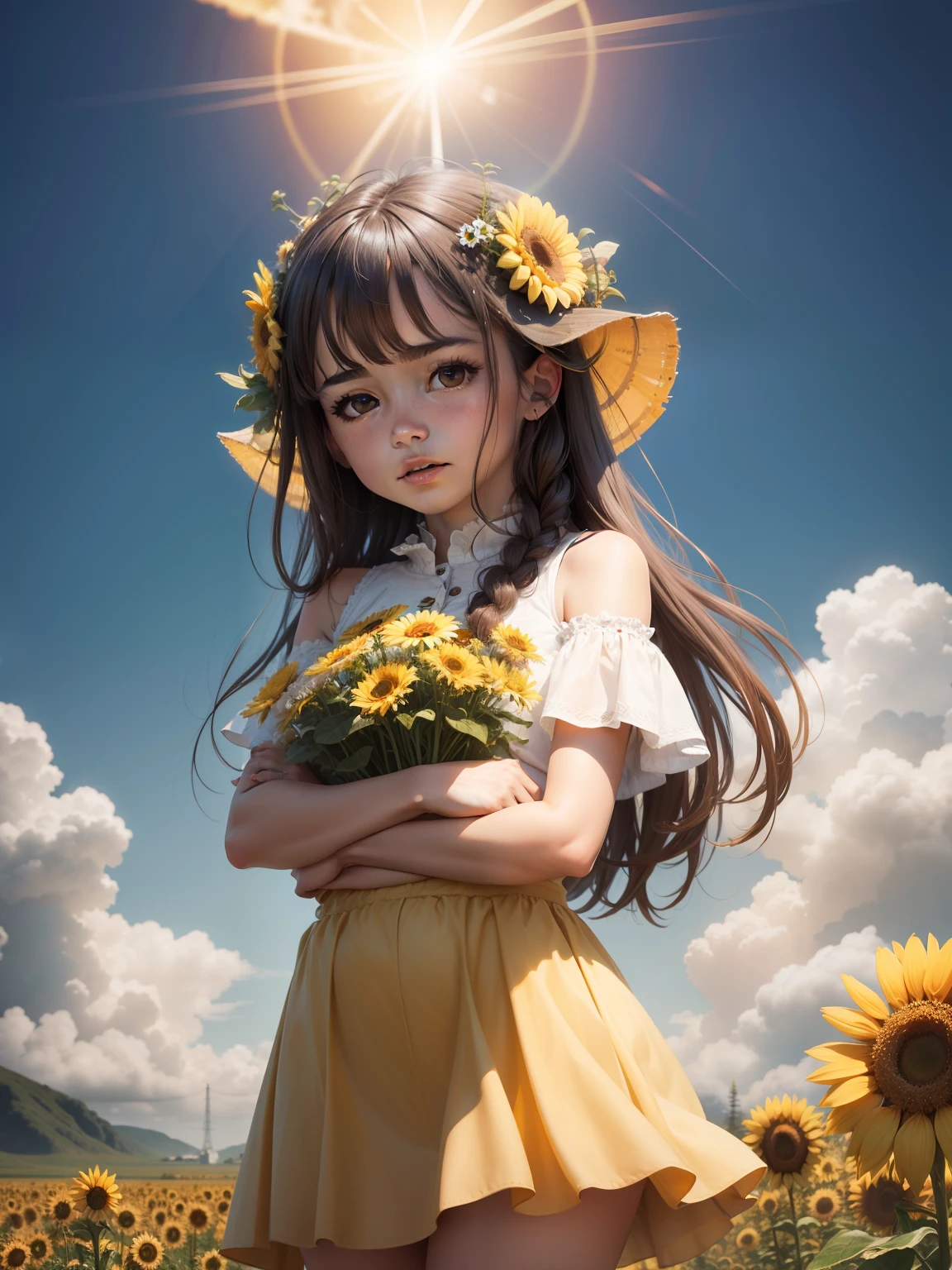 A lonely in the countryside,Open your hands,Hope to be hugged,The picture is bright,There is a hierarchical contrast