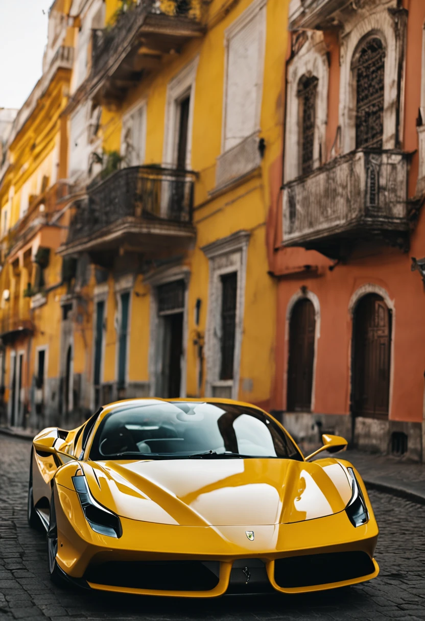 Uma Ferrari F8 amarelo na cidade, 8k, uhd, severe low lighting, alta qualidade, foco nítido, fujifilm XT3 ::n_, Remove,text, logo, hands, mutilated, disgusting, mutated, blurry, blur, poorly drawn, Deformed, disconnected limbs, low-res, missing limb, kitsch, bad anatomy, malformed hands, old, ugly, poorly drawn face, mangled, over saturated, disfigured, grain, mutation, extra limb,floating limbs, double heads, two faces