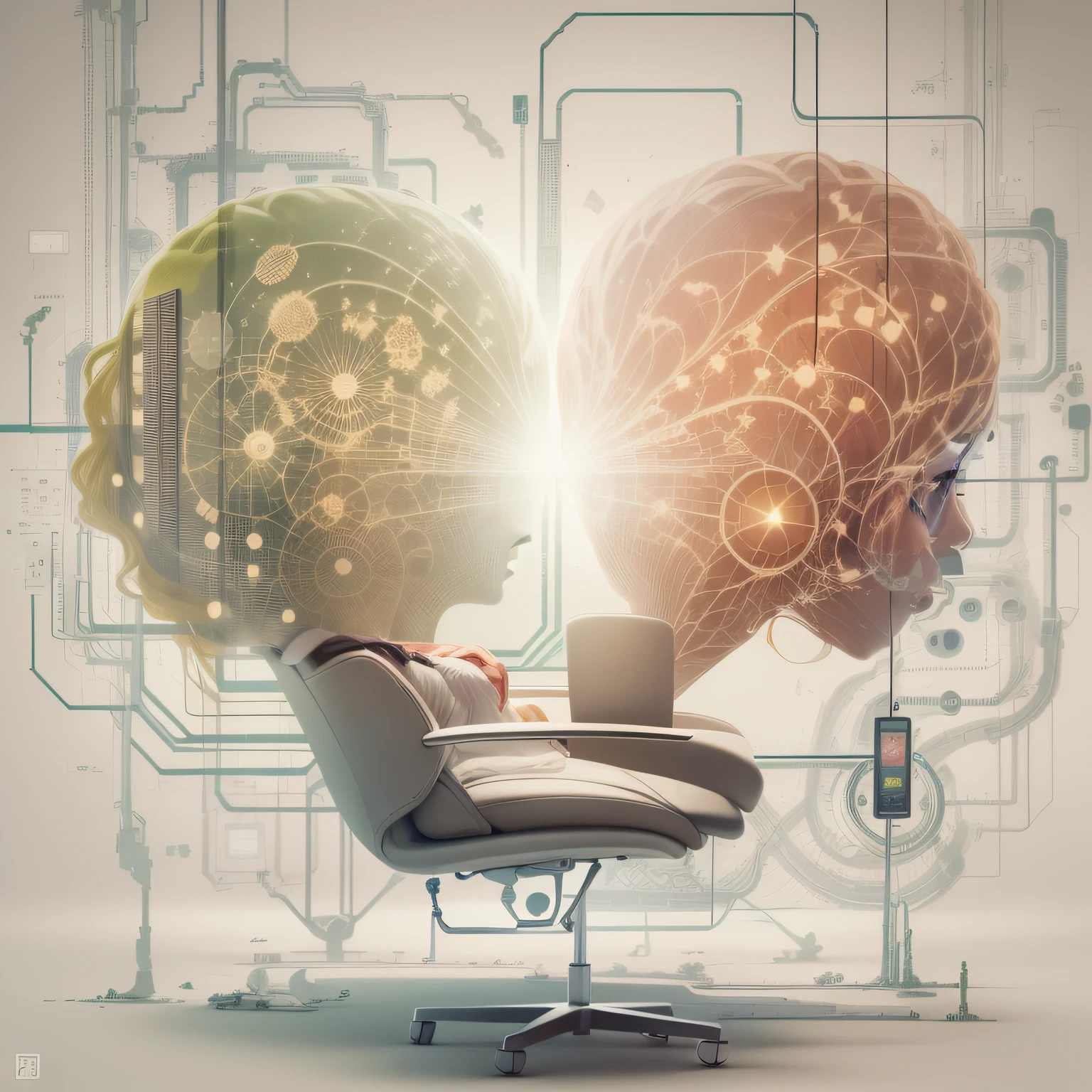 Desenhe um ambiente tranquilo e sereno de terapia, with a comfortable armchair and a decorative plant on the side. No centro, A symbolic figure of a human brain connects through light rays to a modern device, Representing Artificial Intelligence. Nesse dispositivo, the screen displays the 'ChatGPT' logo along with small graphical representations of commands or codes. Acima, um banner flutuante em formato de nuvem diz: '1000 Comandos poderosos'. Ao redor, Silhouettes of psychologists and therapists watch in awe, with expressions of surprise and enthusiasm. No fundo, A starry sky symbolizes the 'new world of possibilities'. The style of the drawing should be contemporary, com cores suaves e harmoniosas, evoking innovation and transformation.