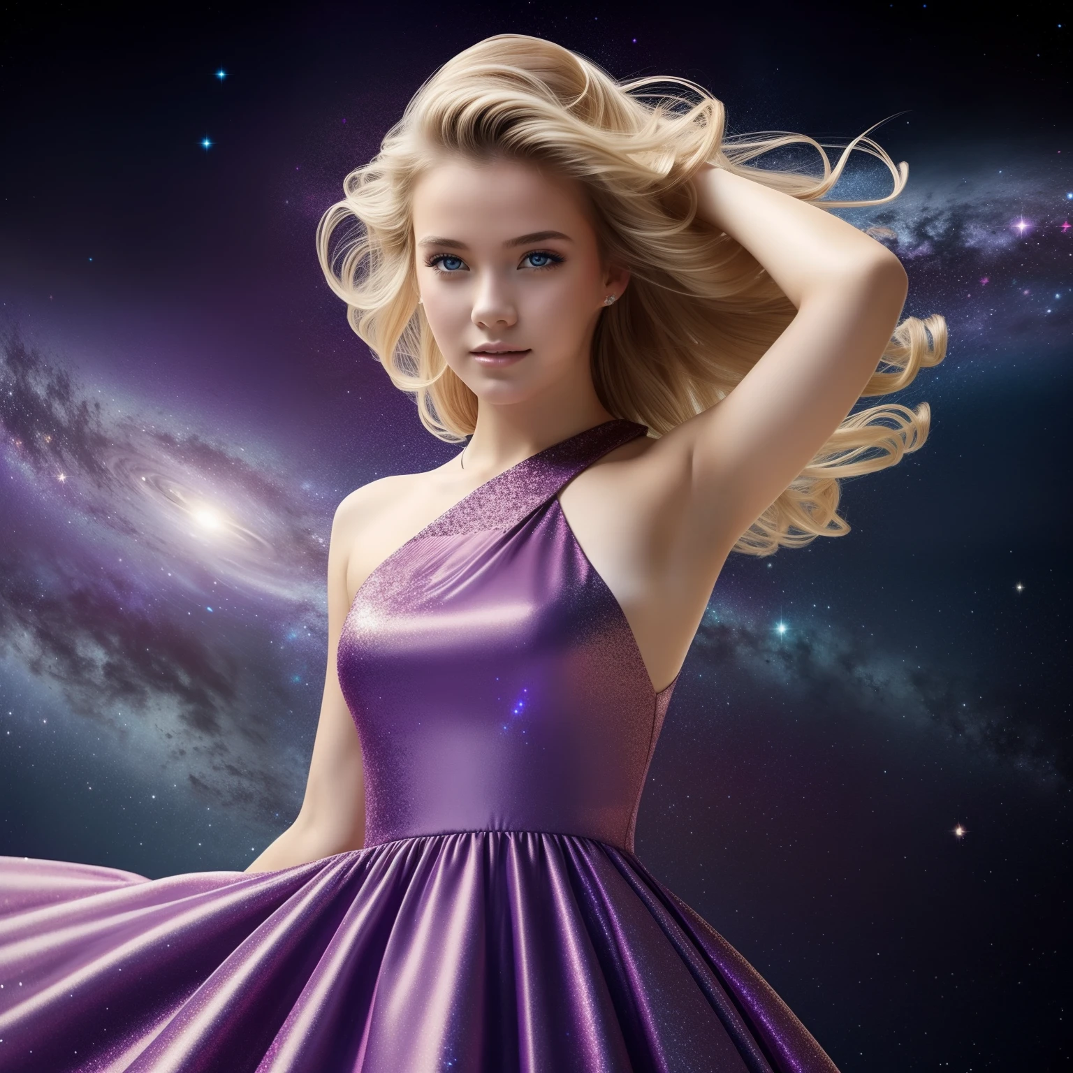 (best quality, masterpiece), 1girl, galaxy, glitter, dress, particle, wind, flower, upper body, dark simple background, looking at viewer, blonde,