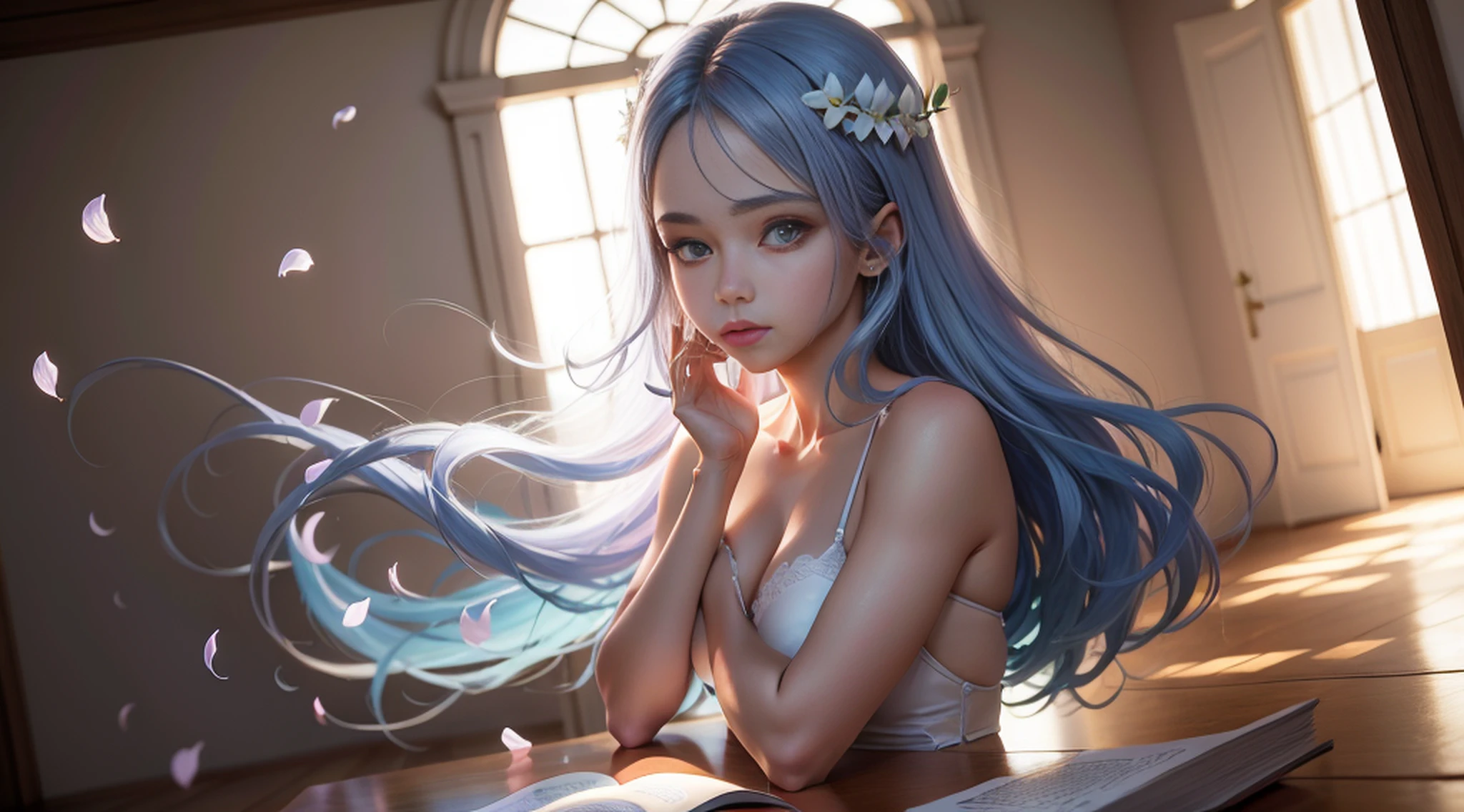 Um Anjo feminino (peitos pequenos, cabelos azul-escuros), obra-prima, melhor qualidade, (papel de parede CG unity 8k extremamente detalhado), (melhor qualidade), (best illustration), (melhor sombra), Absurdo, lifelike lighting, (abismo), lindo brilho detalhado, pose natural, de corpo inteiro, standingn, petals falling, interior, Fanning, lanterna, 16k, HDR, Altas, campo de profundidade, (grain of film: 1.1), Livro, hora dourada, (Reflexo da lente), vinheta, rainbowart, (color classification: 1.5)