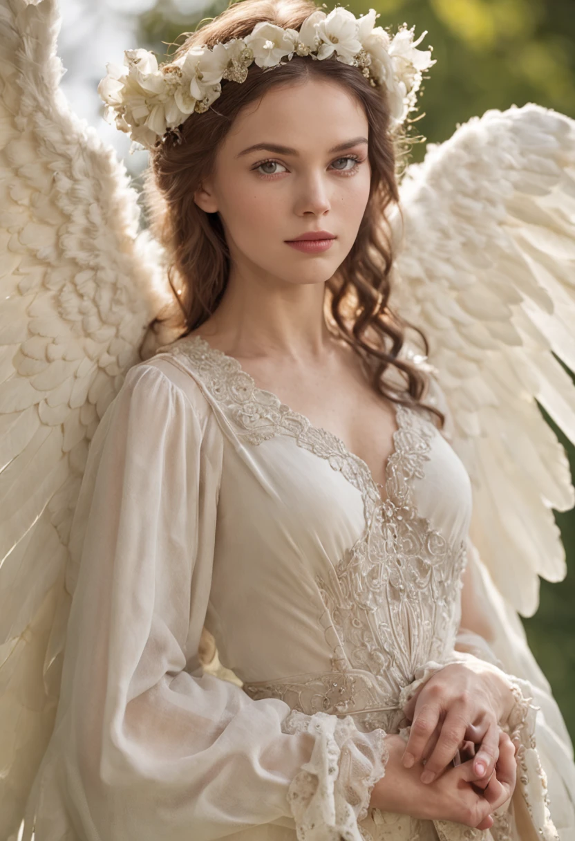 Um anjo detalhado com asas majestosas, lovingly enveloping someone with his heavenly robe
