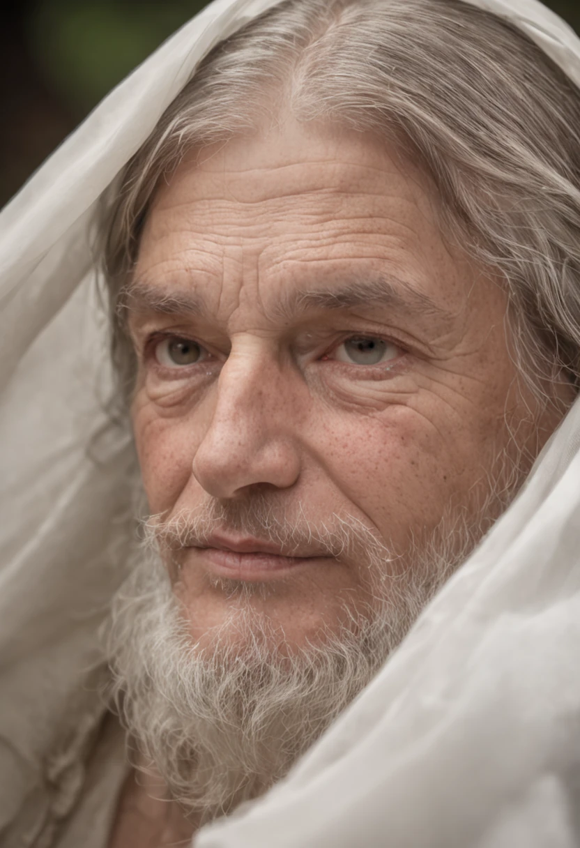 white skinned affectionate lively mature bearded robed face-facing man with koran in his hand looking straight at a real photo