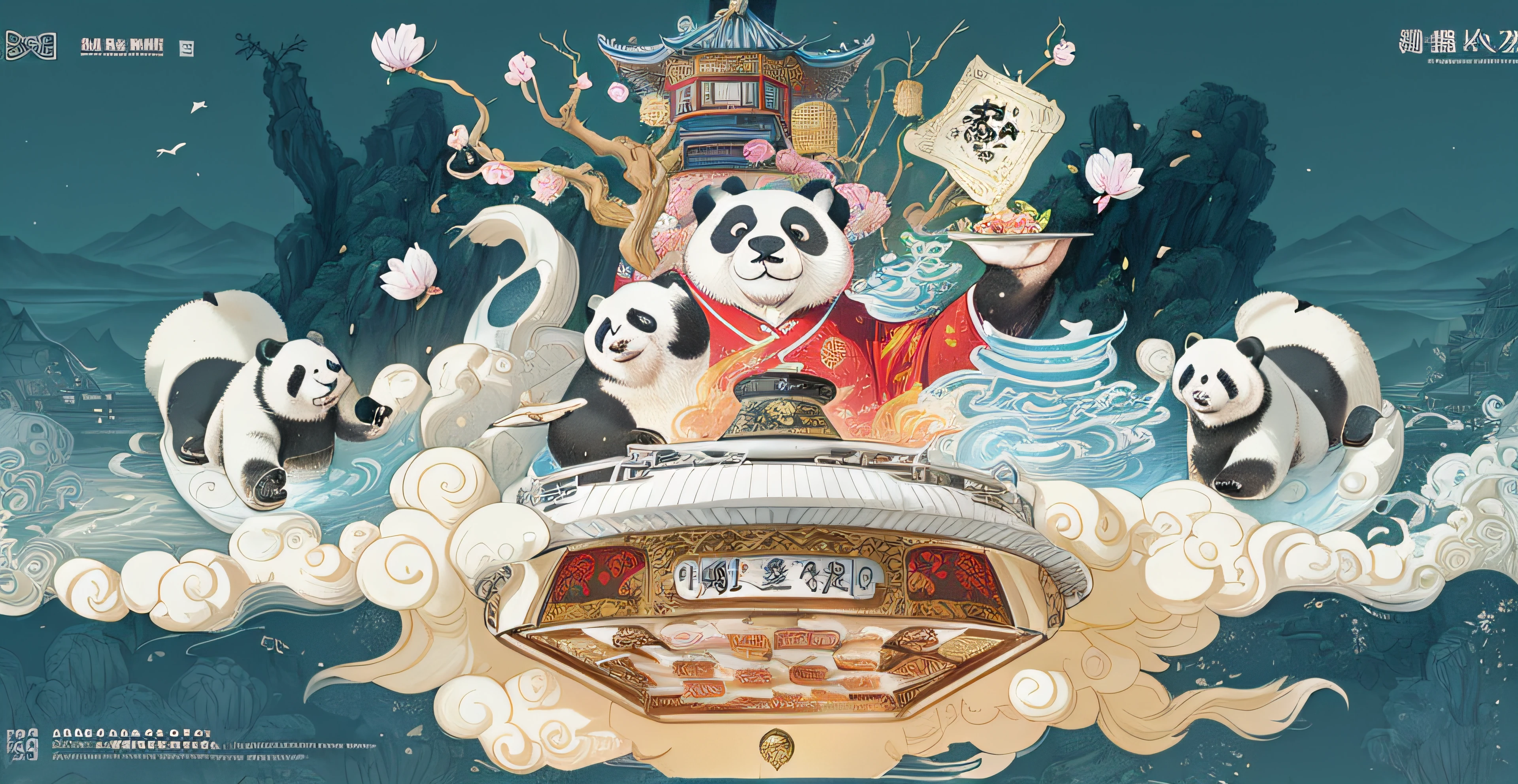 The Allafard Panda has a hot pot on board,, hentail realism, Giant pandas on promotional posters, Giant panda holding mahjong in hand, Official artwork, high detailed official artwork, Traditional Chinese concept art, Chinese-style illustration, dreamland of chinese, A beautiful artwork illustration, Illustrator, fine art style, 3D Ultra-verbose