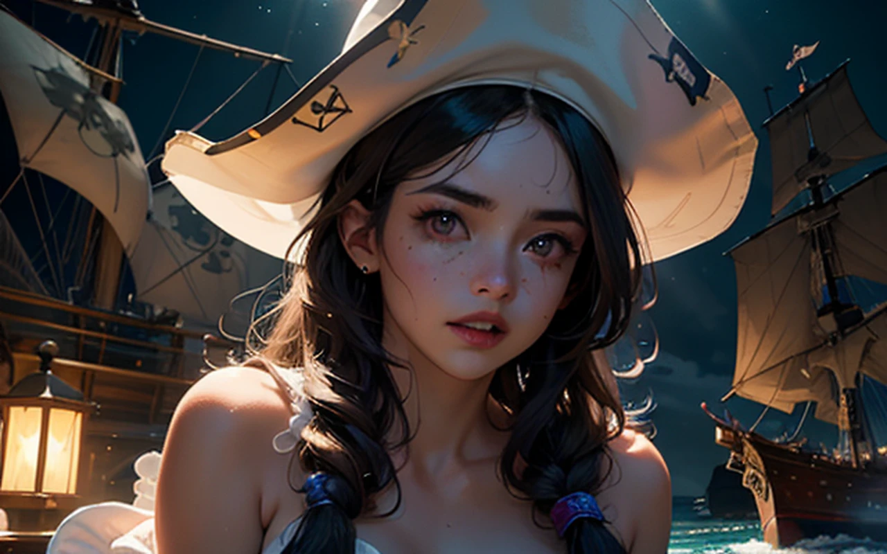 (Masterpiece:1.2), best quality, (illustration:1.2), (ultra-detailed),Eye focus,(Masterfully crafted Glow, pink lens flare), (Cinematic background), hyper details, (delicate detailed), (intricate details), octane render, hdr, (hyperdetailed:1.15), (soft light:1.2), 1girl, beautiful girl, plump,thick, rainbow painting drops,(supermodel:1.3), paint teardrops, woman made up from paint, entirely paint, splat, splash, indoors, (bioluminescent hair:1.1),(glowing eyes), ((makeup)),(Cinematic masterpiece), fierce, powerful, splashes of colour absolutely eye-catching, (Cinematic headlight), ((caustic)), dynamic angle, beautiful detailed glow, ambient occlusion, ambient light, raytraced reflections,(best illumination, an extremely delicate and beautiful), ((cinematic light)), (soft:2), vibrant, high contrast, purple eyes, backlighting, brown hair, ocean, 7 seas, (pirate girl), buccaneer, ghosts, cytoplasm, rain, thunderstorm, lighting strike, (musket), saber, (pirate ship), (jolly roger), poop deck, cannons, fierce, powerful, leader, nighttime, starry skies, exquisite northern lights, holstered curved sword, (ship crew), (battle:1.2), (ship deck), (ghost ship), pirate hat