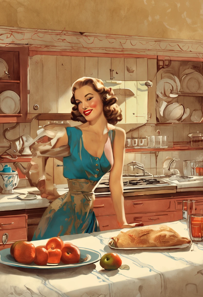 ((beste-Qualit)), ((tmasterpiece)), handsome girl, in a kitchen, (Иллюстрация Alberto-Vargas), Joyful emotions, Classic, Retro interior, ((Realistic)), Ultra-detailed, improvisation, (Clarity)