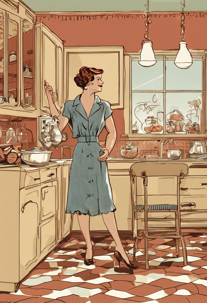 ((beste-Qualit)), ((tmasterpiece)), handsome girl, in a kitchen, (Иллюстрация Alberto-Vargas), Joyful emotions, Classic, Retro interior, ((Realistic)), Ultra-detailed, improvisation, (stabilization)