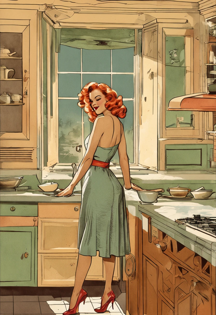 ((beste-Qualit)), ((tmasterpiece)), handsome girl, in a kitchen, (Иллюстрация Alberto-Vargas), Joyful emotions, Classic, Retro interior, ((Realistic)), Ultra-detailed, improvisation, (stabilization)