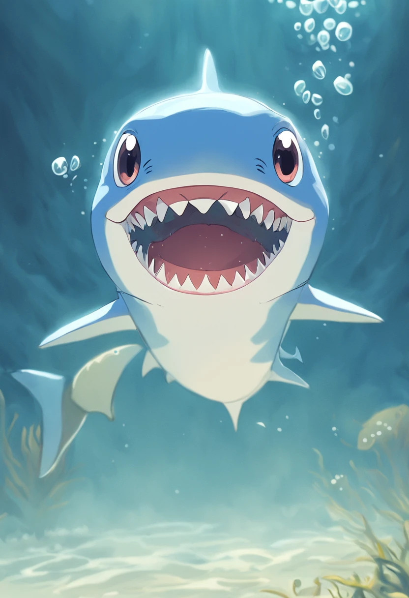 A cartoon of a smiling baby shark with bright white teeth, segurando uma escova de dentes na nadadeira. The baby shark has large, expressive eyes, e uma barbatana dorsal proeminente. the background is light blue, com bolhas de ar e algas marinhas. O texto "Baby Shark" is written in large, colorful letters above the drawing, com um estilo divertido e infantil.