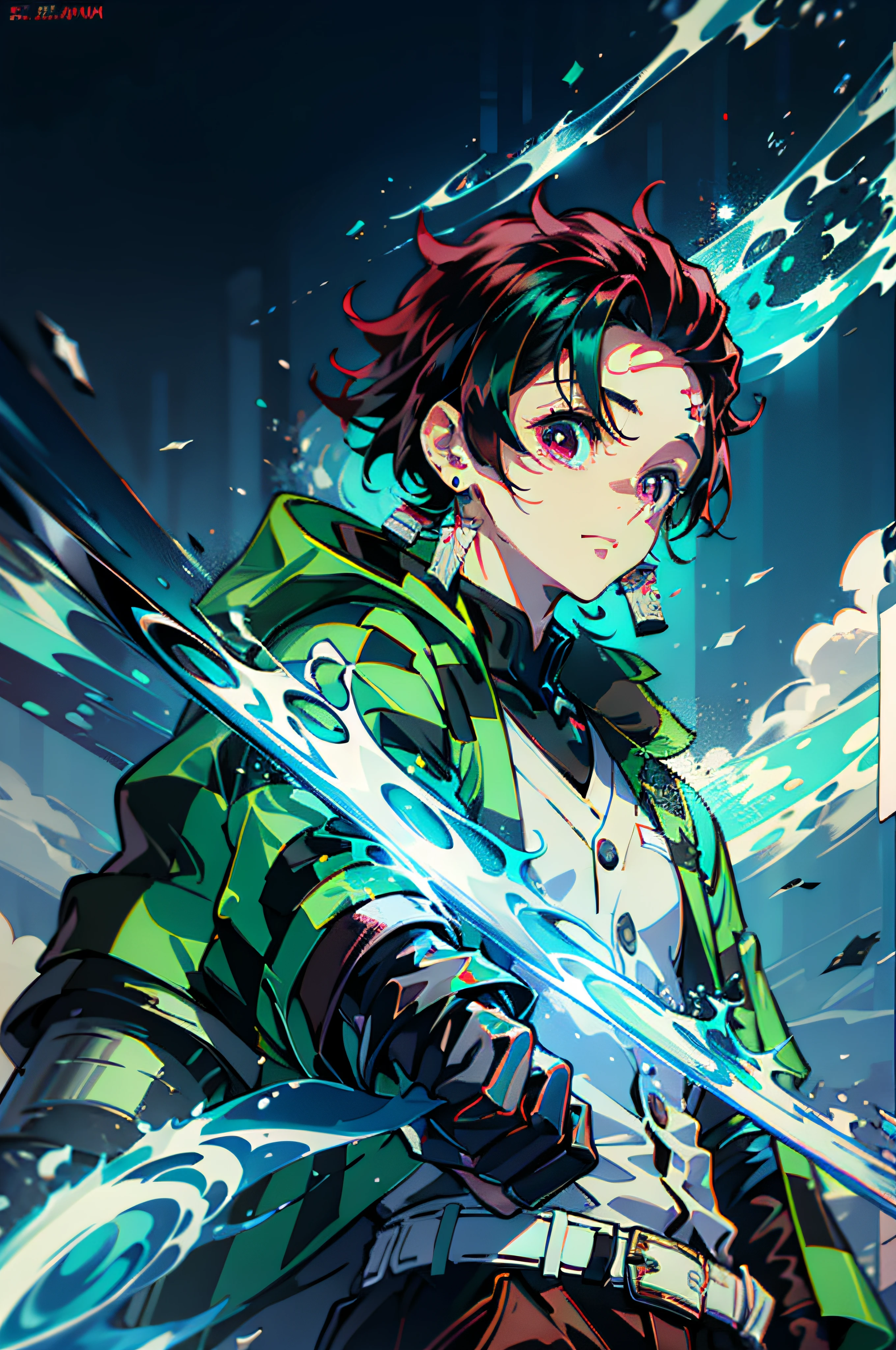 tanjiro wearing light green cyberpunk jacket, blue sword, blue fire and aura around him, cyberpunk theme, 4k, ultra sharp