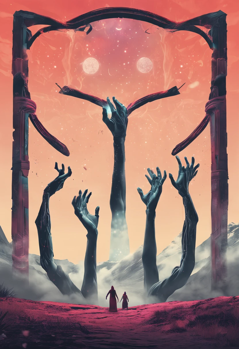 several arms and hands coming leaving a magical portal
