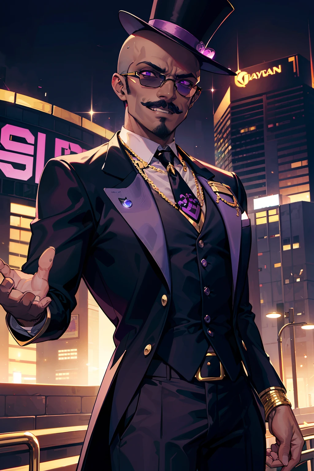 "a handsome dark-skinned muscular man with a sly grin, bald head, purple eyes, and large black mustache, wearing a top hat and dark purple tuxedo with a black shirt complimented by a golden tie and round golden sunglasses over his eyes, (golden futuristic city backdrop), ultra HD, masterpiece quality, high quality, top quality, perfect quality"