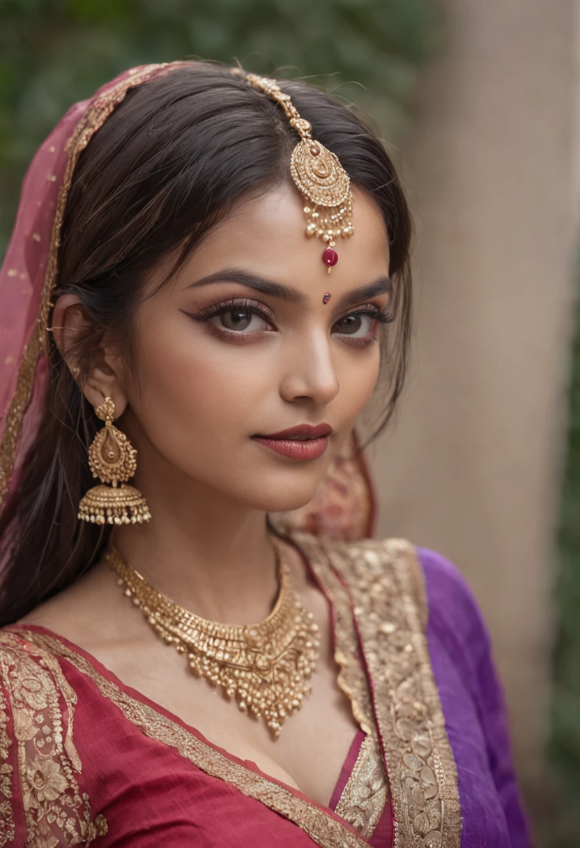 a woman in a sari posing for a picture, indian goddess, traditional beauty, indian, beautiful goddess, ornate cosplay, indian style, indian super model, beautiful maiden, gorgeous woman, south east asian with long, provocative indian, gorgeous beautiful woman, intricate outfit, hindu aesthetic, beautiful asian girl, extremely detailed goddess shot, jaw-dropping beauty, big boobs deep cleavage sexy navel