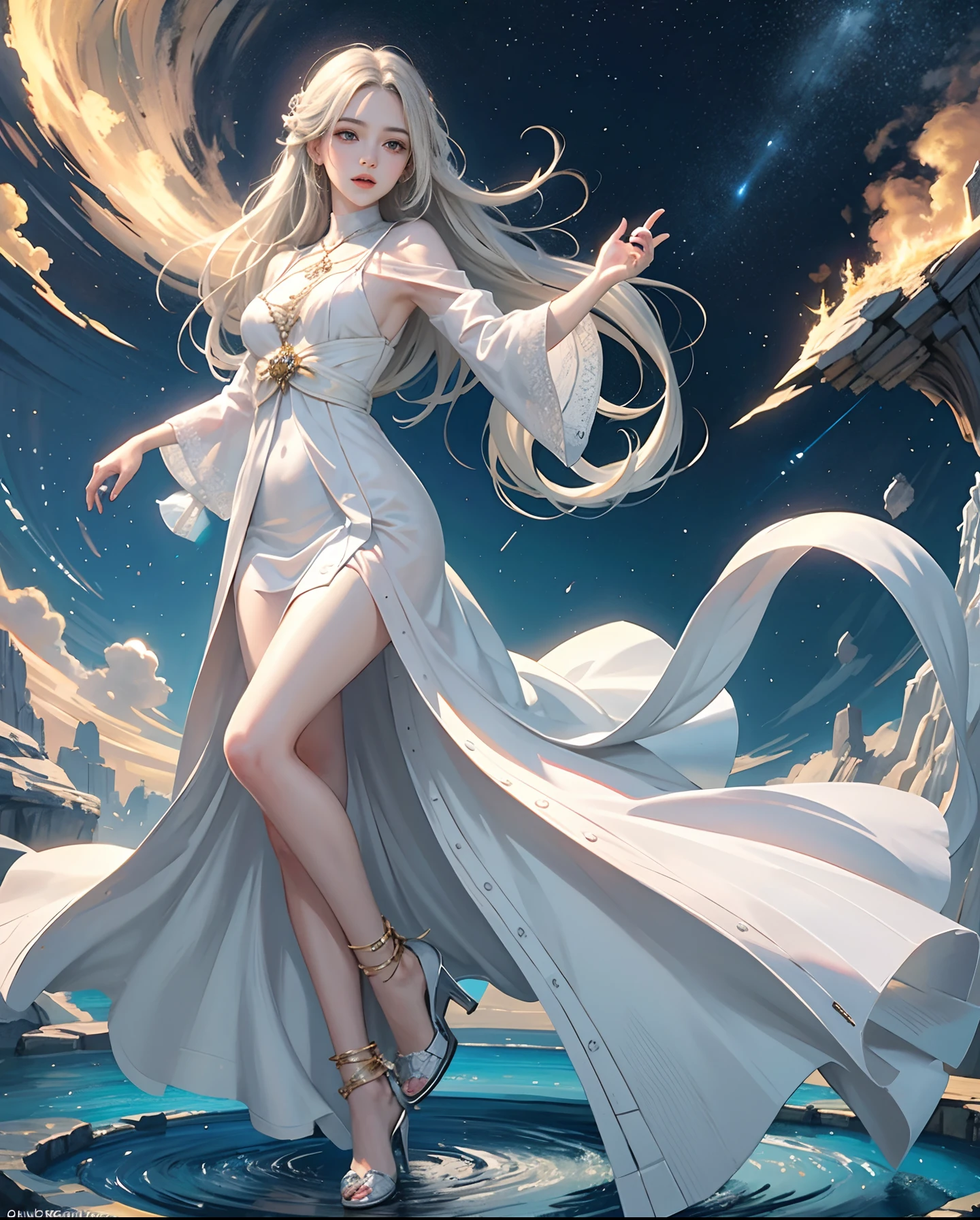 Unbeatable masterpiece, Ultra photo realsisim, Perfect artwork, Intricate details, Best quality, Strong light , High contrast, Dynamic pose, Dutch angle , Dreamy , (Core background:1.25) , (1girll) .Solo , (nine tail fox) , Fox ears:1.5 , Golden cape , Bandages , White robe , Arms behind your back , (color difference) , (detailedbackground) , High contrast , (best illuminate , Extremely Delicately Beautiful) , (Beautiful detailed girl:1.1) , (Ultra-detailed) , Vibrant colors , Sharp focus, Seductive , The sheen:1.2 , (wind lift:1.4) , (Silver hair) , (Shiny skin:1.5) , Big breasts ,Beautiful detailed eyes , necklace , Earrings, hair adornments , Sweat , Blush , perfectface:1.1 , Gorgeous body , (High-detail skin:1.1) , blueneyes , Stars in Eyes ,Sevier's smile , Pink hairpins , eyeball , eyes liner, (Floating hair:1.21) , Beautiful eyes , (Delicate face) , Perfect detail , (BEST lighting)