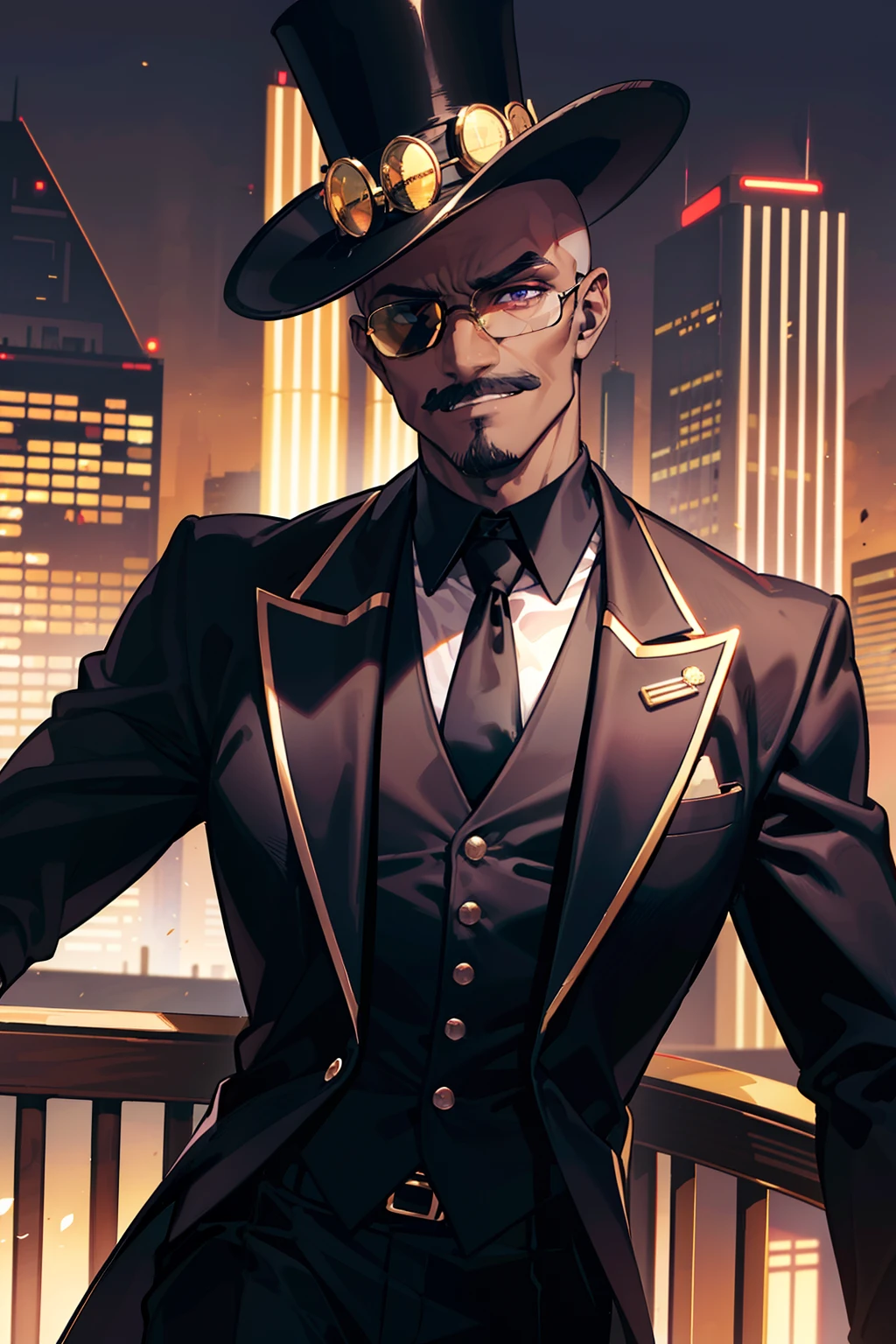 "a handsome dark-skinned muscular man with a sly grin, bald head, blind eyes, and large black mustache, wearing a top hat and dark purple tuxedo with a black shirt complimented by a golden tie and round golden sunglasses over his eyes, (golden futuristic city backdrop), ultra HD, masterpiece quality, high quality, top quality, perfect quality"