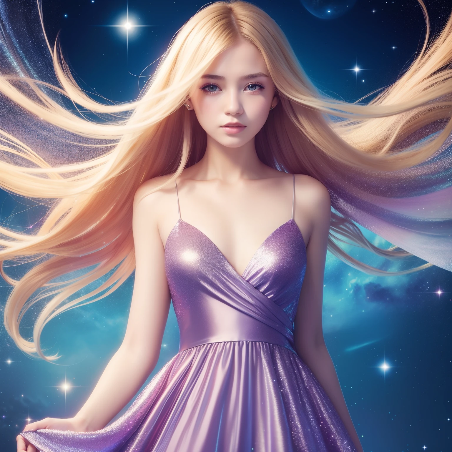 (best quality, masterpiece), 1girl, galaxy, glitter, dress, particle, wind, flower, upper body, dark simple background, looking at viewer, blonde,
