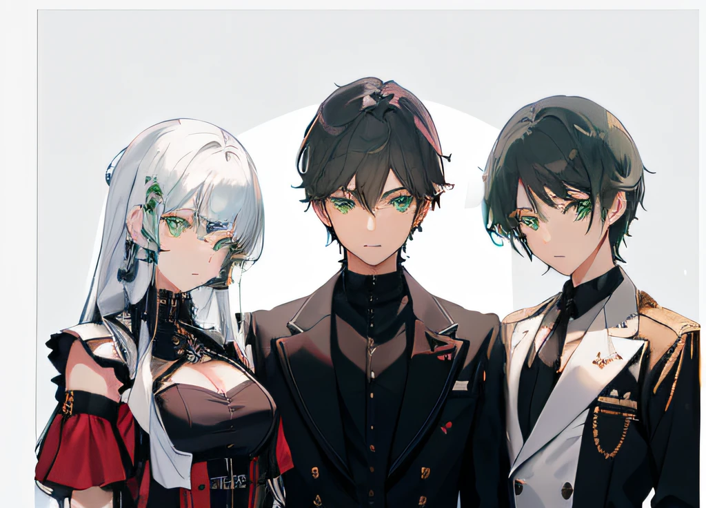 there are three siblings in the picture, two black-haired, handsome brothers, white-haired younger sister, all 3 have green eyes all 3 have green eyes