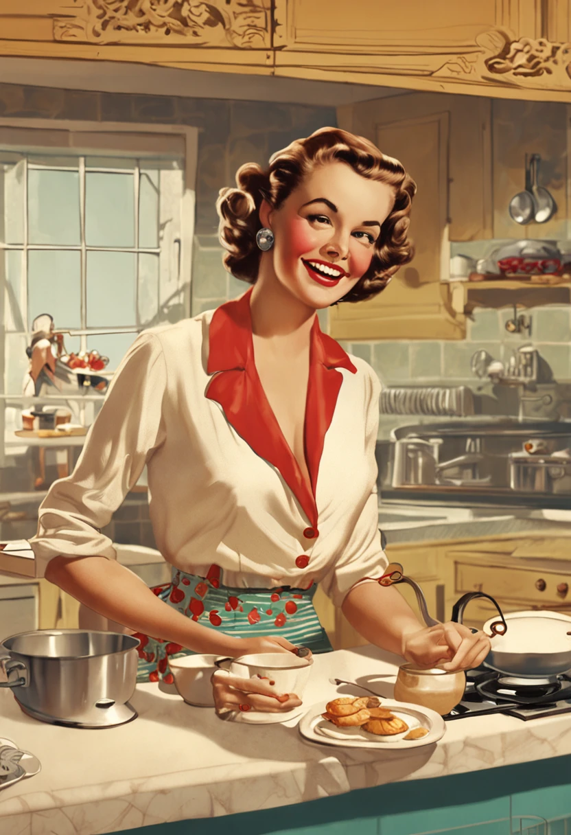 ((beste-Qualit)), ((tmasterpiece)), handsome girl, in a kitchen, (Иллюстрация Alberto-Vargas), Joyful emotions, Classic, Retro interior, ((Realistic)), Ultra-detailed, improvisation, (Clarity)