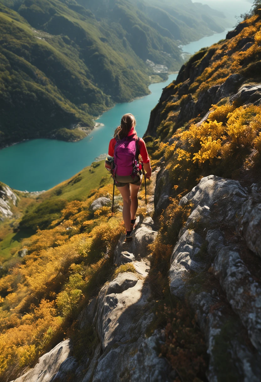 Pretty 25-year-old woman climbing a steep mountain, camera from above. Estilo anime, altamente detallado