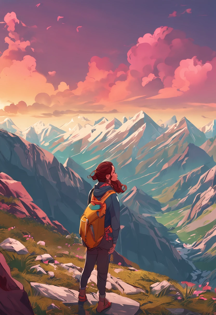 Pretty 25-year-old woman climbing a steep mountain, camera from above. Estilo anime, altamente detallado