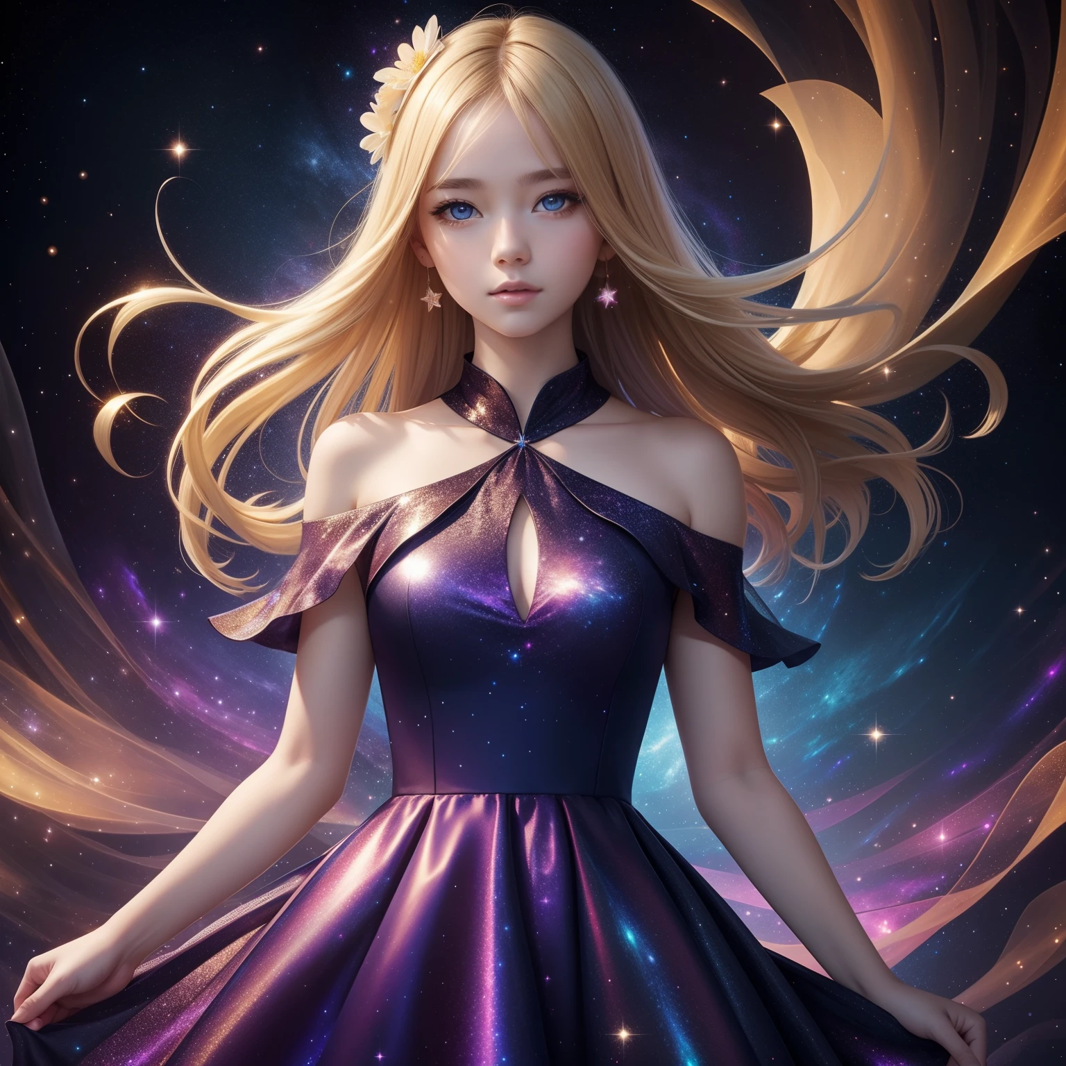 (best quality, masterpiece), 1girl, galaxy, glitter, dress, particle, wind, flower, upper body, dark simple background, looking at viewer, blonde,