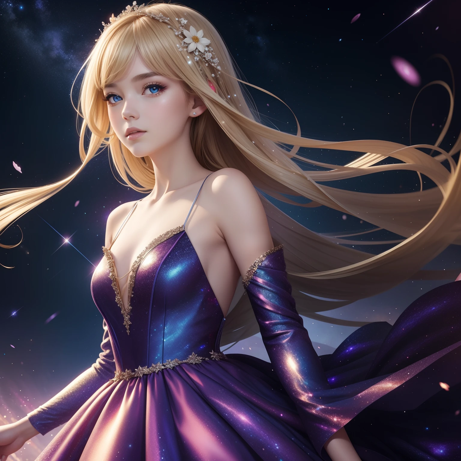 (best quality, masterpiece), 1girl, galaxy, glitter, dress, particle, wind, flower, upper body, dark simple background, looking at viewer, blonde,