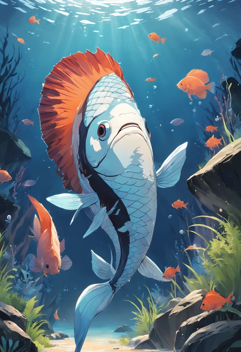 art graphic, Flat illustration of a large fish , limpeza altamente detalhada, imagem vetorial, fundo branco plano, vibrante, vetor, peixe pulando, realistico