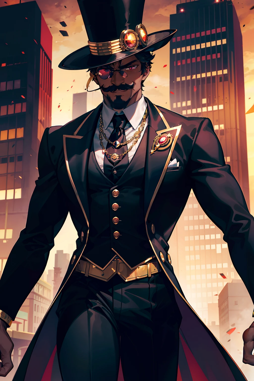 "a dark-skinned muscular man with a sly grin, bald head, garnet eyes, and large black mustache, wearing a top hat and garnet tuxedo with a black shirt complimented by a golden tie and round golden sunglasses over his eyes, (golden futuristic city backdrop), ultra HD, masterpiece quality, high quality, top quality, perfect quality"