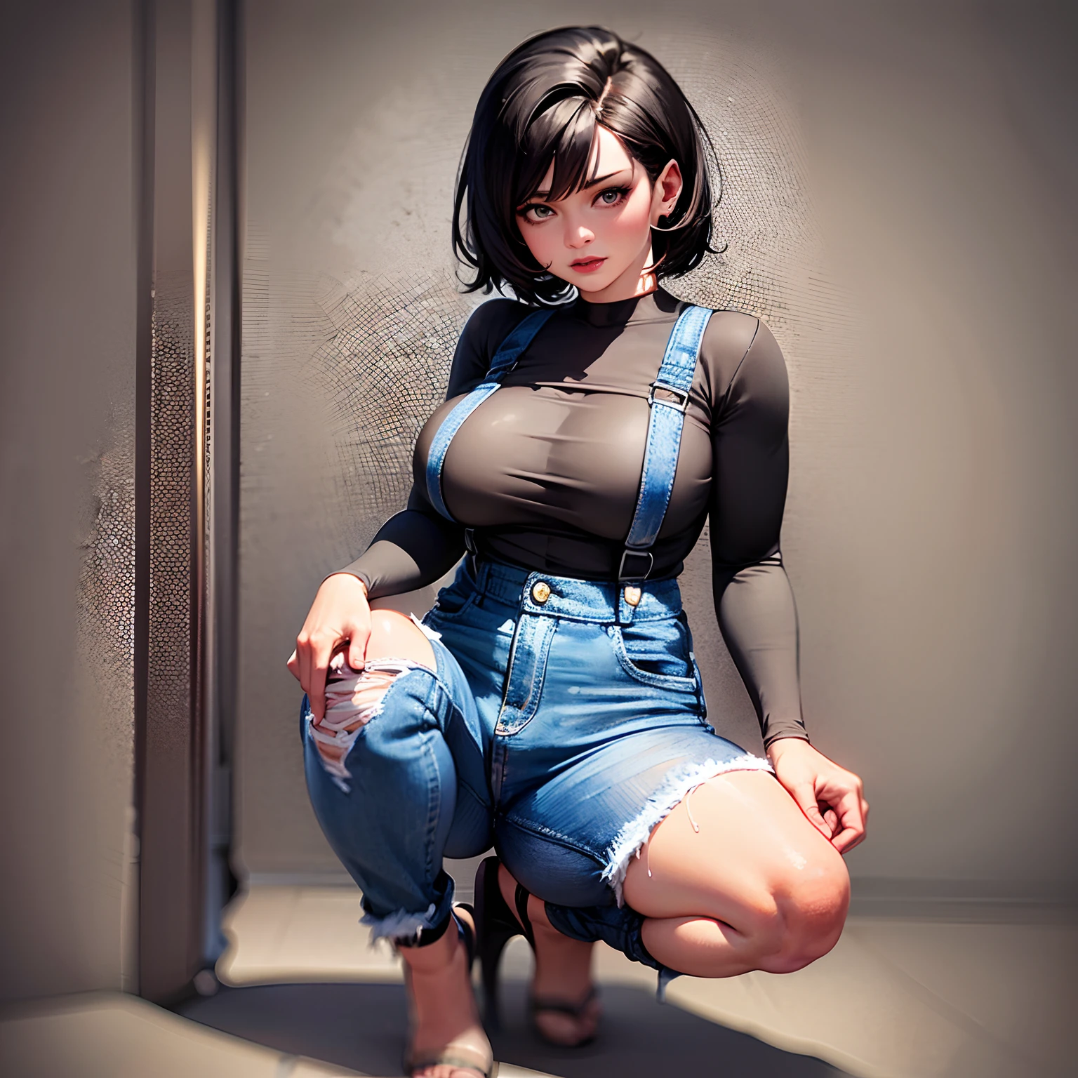 1 voluptuous woman (Sarah Hyland), short black hair, hairstyle pixie, eyes, environment change scene, Female, wearing only "jeans overalls", "without shirt", uncovered shoulders, (simple background, white background: 1.3), illustration, ((masterpiece)), (((best quality))), UHD, highres, 8k, best quality, high details, anatomically correct, full body