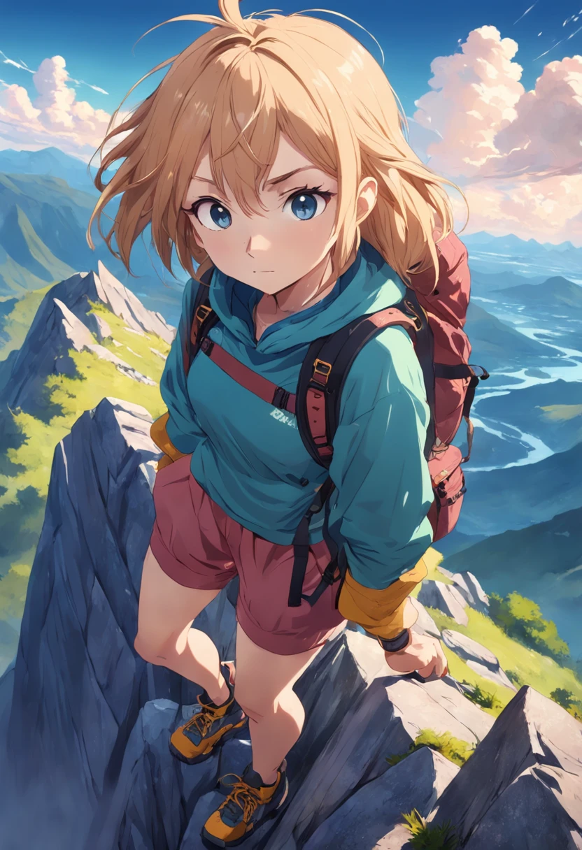 Beautiful 25 year old woman climbing a steep mountain, camera from above. Anime style, highly detailed.