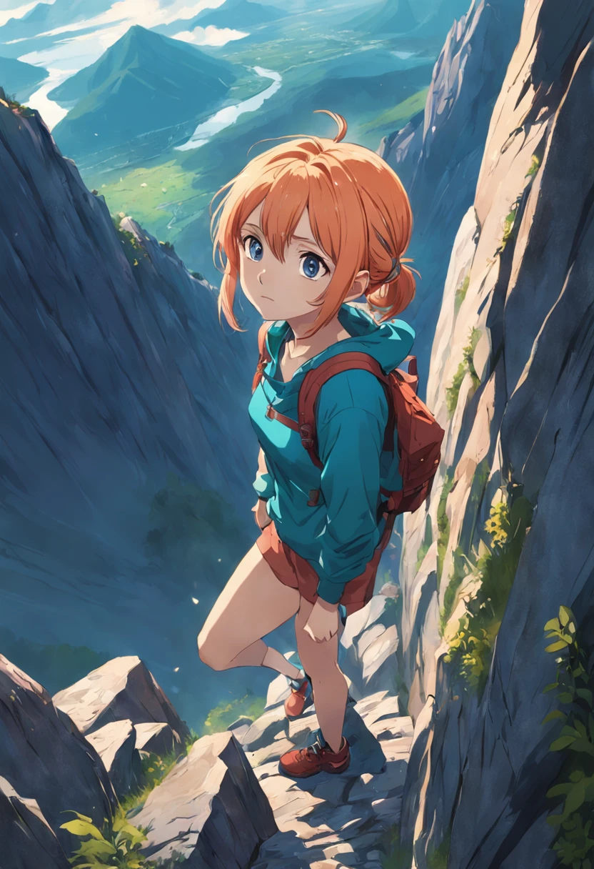 Beautiful 25 year old woman climbing a steep mountain, camera from above. Anime style, highly detailed.