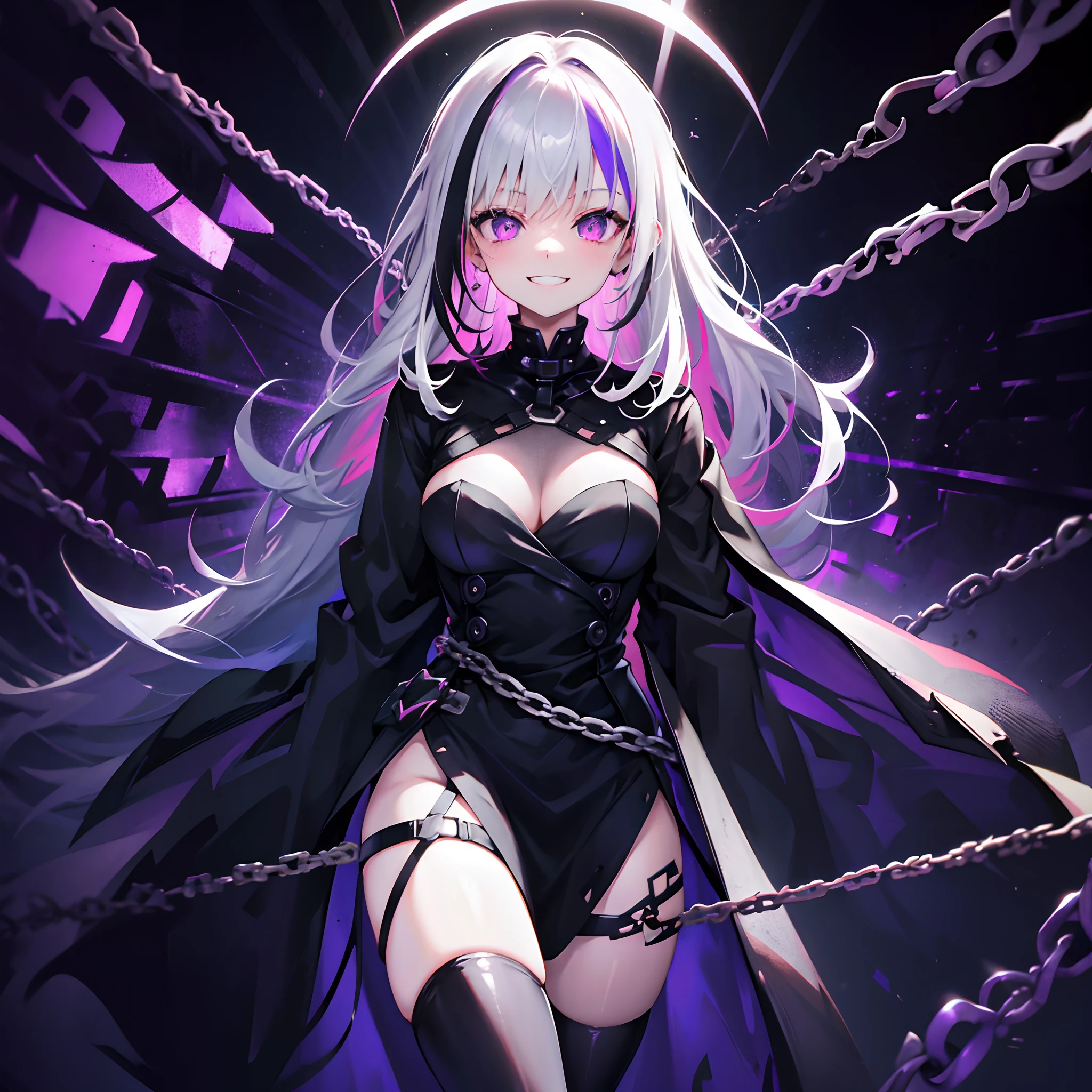 1 girl, wallpaper, whole picture, grey wall background, dark picture, dark alley in background, ruined wall background, asymmetric hair, grey hair, multicolored hair, long hair, medium breasts, psycho smile, evil_smile, dark purple eyes, view from the side, looking at viewer, long chains, neon lights in background, grin, ruffled hair, black dress