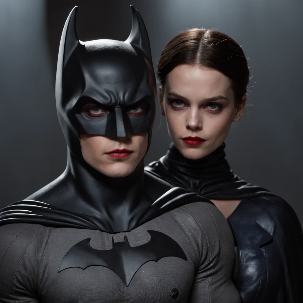Bill Skarsgård dressed as Batman in a somewhat primitive outfit, night, red and blue lights