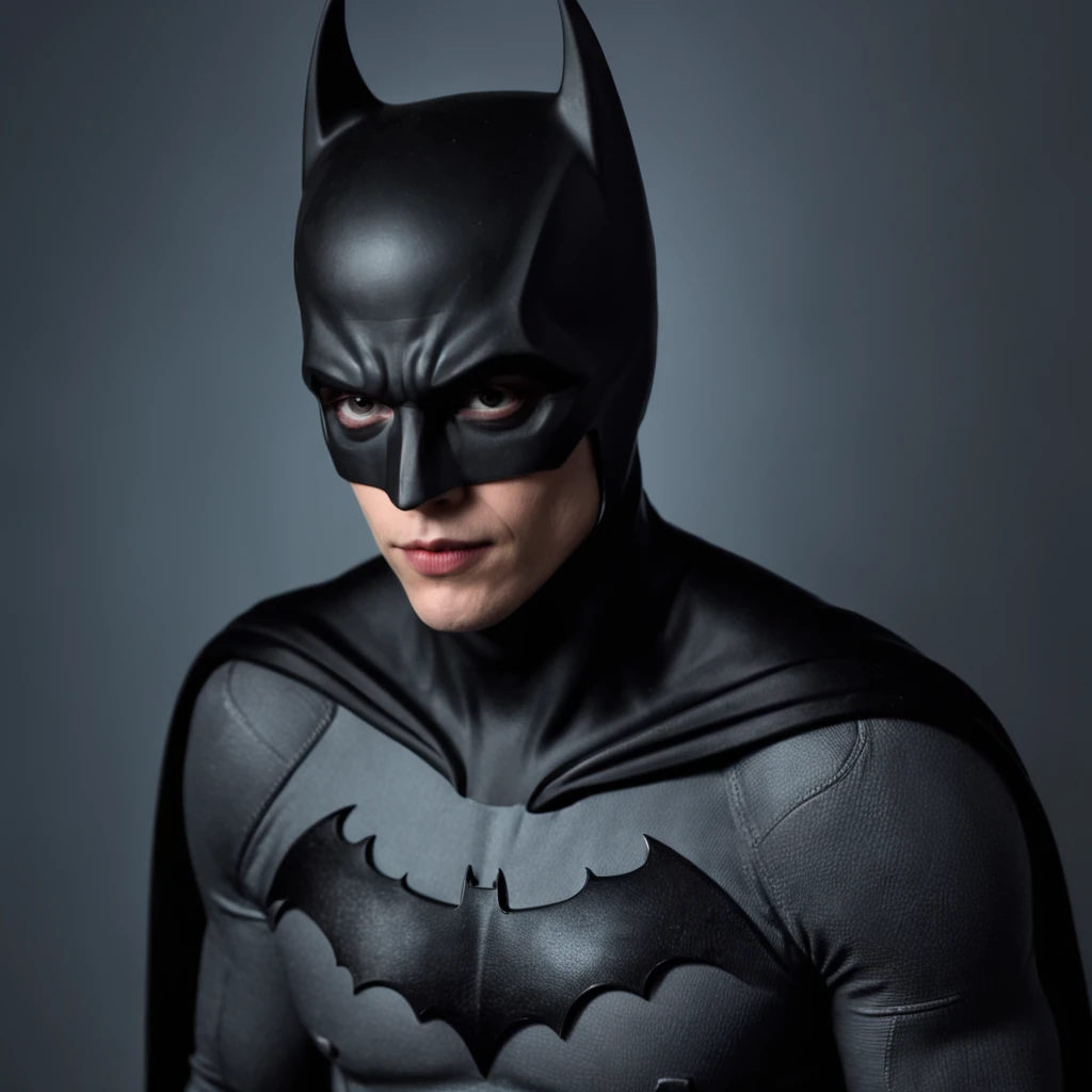 Bill Skarsgård dressed as Batman in a somewhat primitive outfit, night, red and blue lights