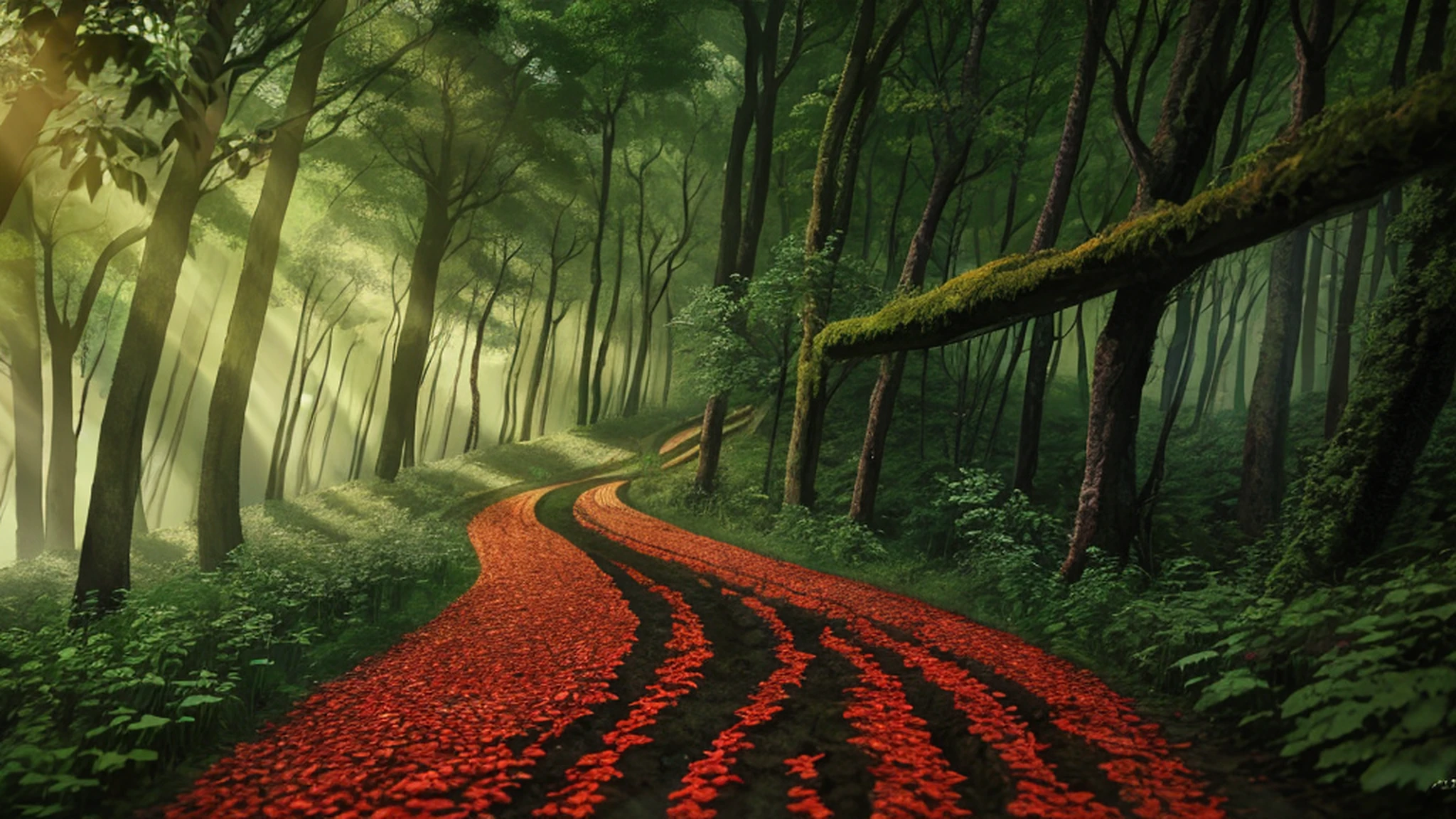 Fireflies flying in the trees of the forest, magical forest, noite, arte conceitual, brazi, Canada, Uma mulher elfa alta e bonita, com pupilas azuis, desprezo nos olhos, a cold expression, uma postura altiva, peito para cima, armadura da rainha por todo o corpo, olhando para cima, High-detail landscape painting in the style of b0b a winding dirt path that leads through the forest under a canopy of trees, neblina, neblina, mistborn, Bright sunlight shining through the trees, 8k high-definition, mais alta qualidade, obra-prima, melhor qualidade, 8k, HDR, beleza, ultra-detalhado, Awesome,