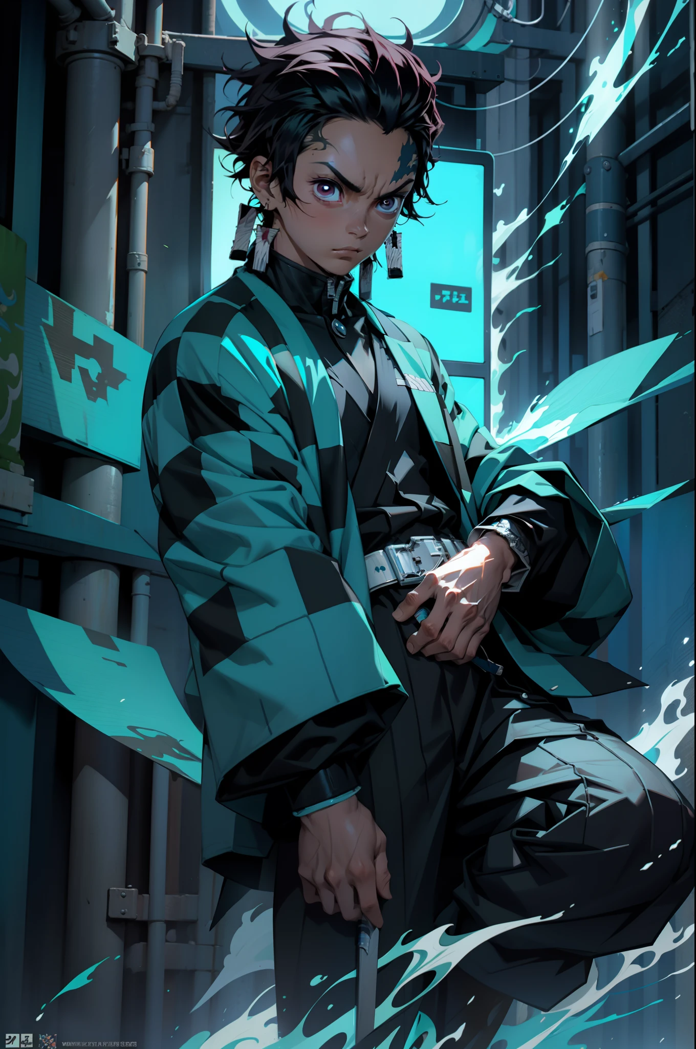 tanjiro wearing light green cyberpunk jacket, blue sword, blue fire and aura around him, cyberpunk theme, 4k, ultra-sharp