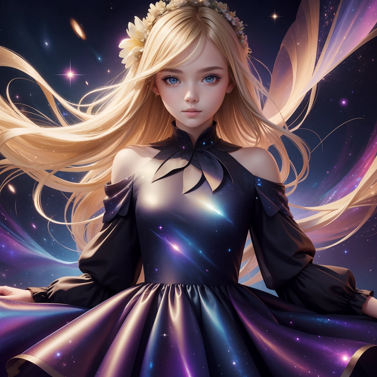 (best quality, masterpiece), 1girl, galaxy, glitter, dress, particle, wind, flower, upper body, dark simple background, looking at viewer, blonde,