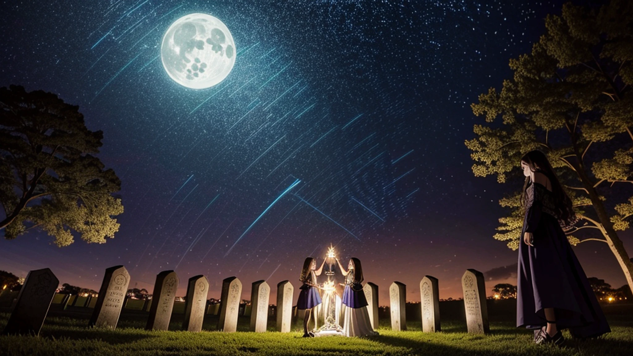 (magia escura:1.2), graveyard, lua cheia, luz da lua, feixes de luz, noite, (detalhes intrincados), (hiperdetalhado), 8k hdr, 1 , cabelo preto longo, com vestido de tule vermelho, embelezamento de lantejoulas douradas nas roupas, butterfly-shaped pattern on clothes, um grande grupo de borboletas ao seu redor, noite, vaga-lumes