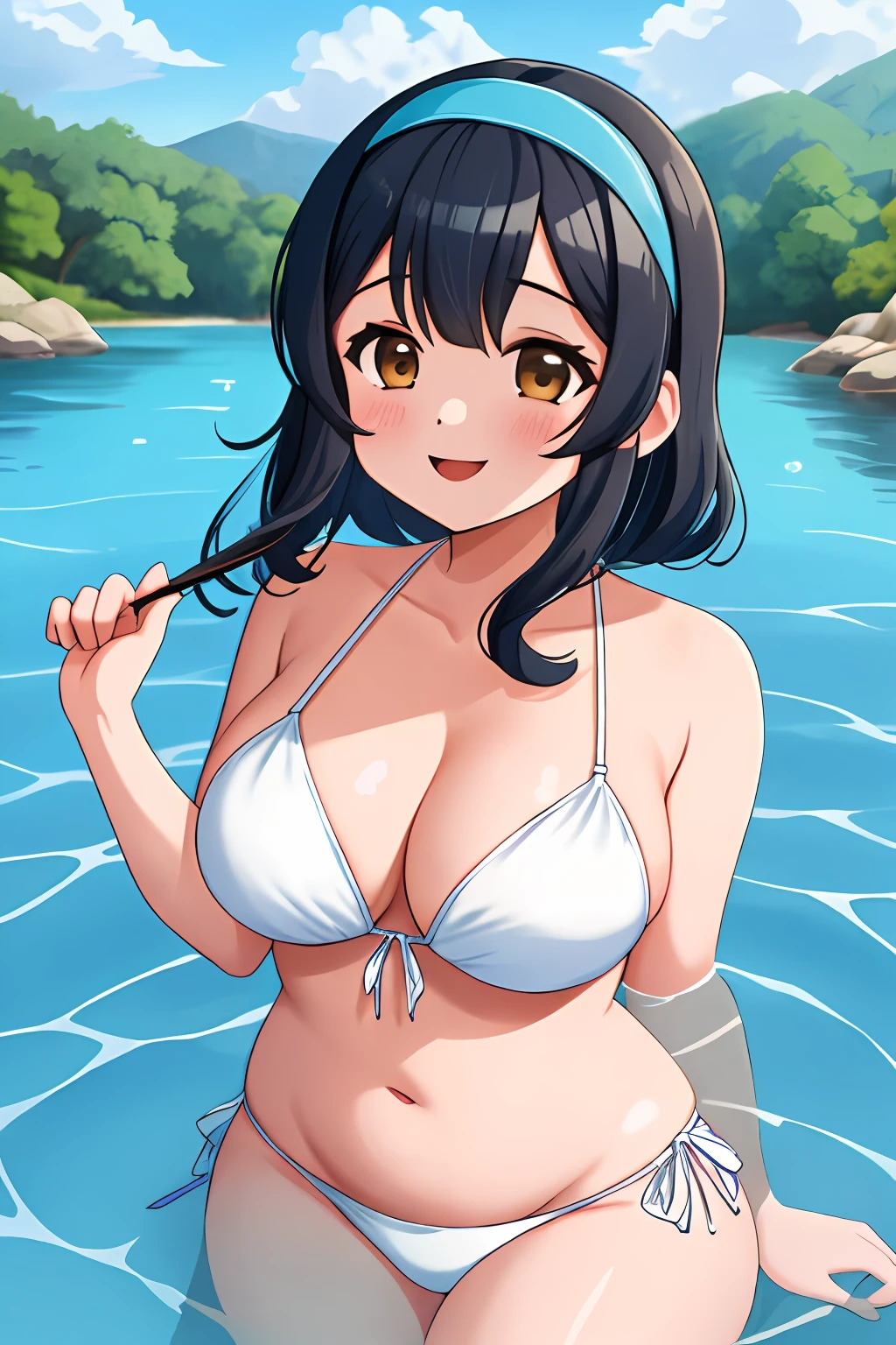 1girl, white bikini, pond, laying on top of water, smiling, inspired by Tomo Yamanobe, shoulder-length black hair, blue hairband, large breasts G cup, curvy belly