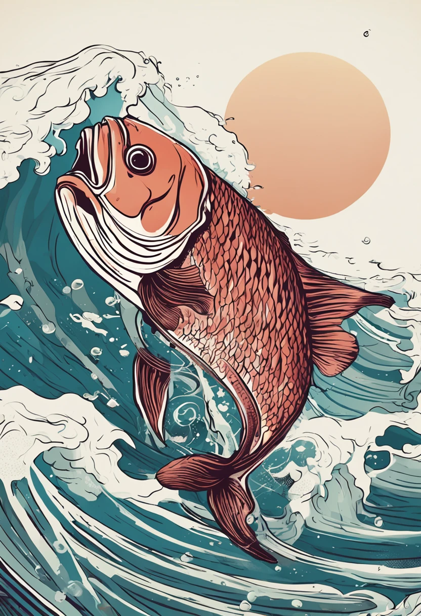 art graphic, Flat illustration of a large fish , limpeza altamente detalhada, imagem vetorial, fundo branco plano, vibrante, vetor, peixe pulando, realistico