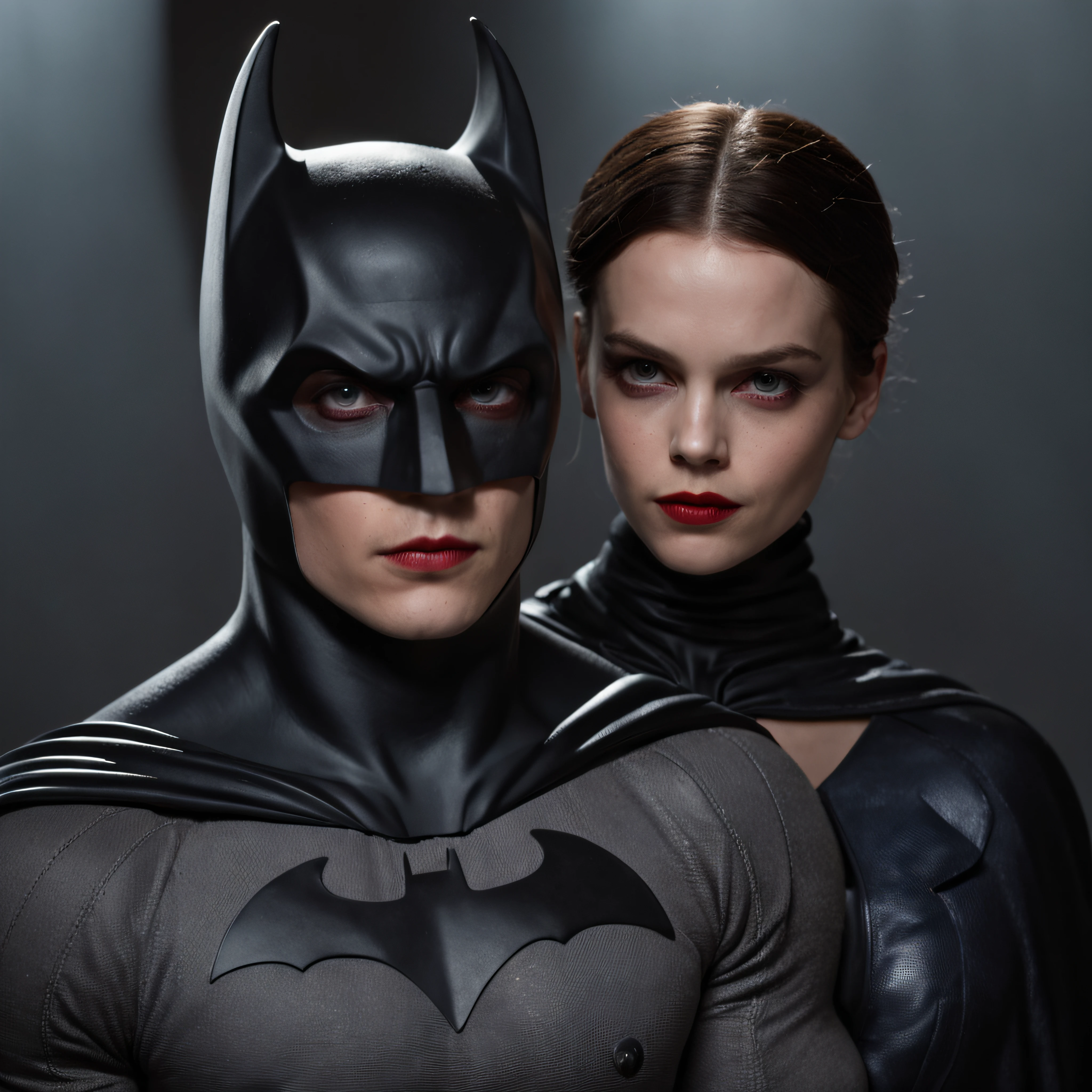 Bill Skarsgård dressed as Batman in a somewhat primitive outfit, night, red and blue lights